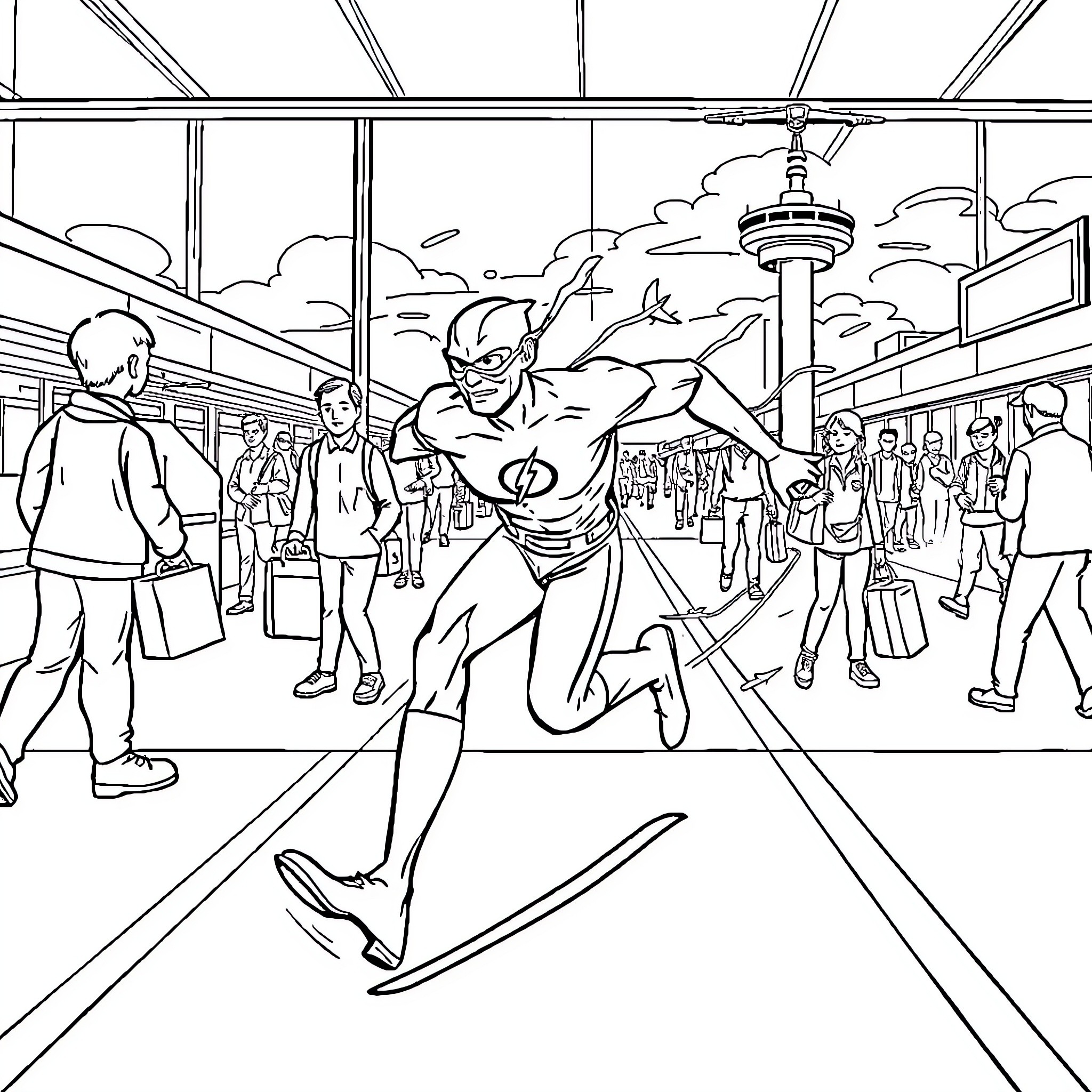 Flash racing through a crowded terminal Coloring Page (free black-and-white line drawing printable PDF for all, from beginners to advanced learners, including children, teens, adults, and seniors)