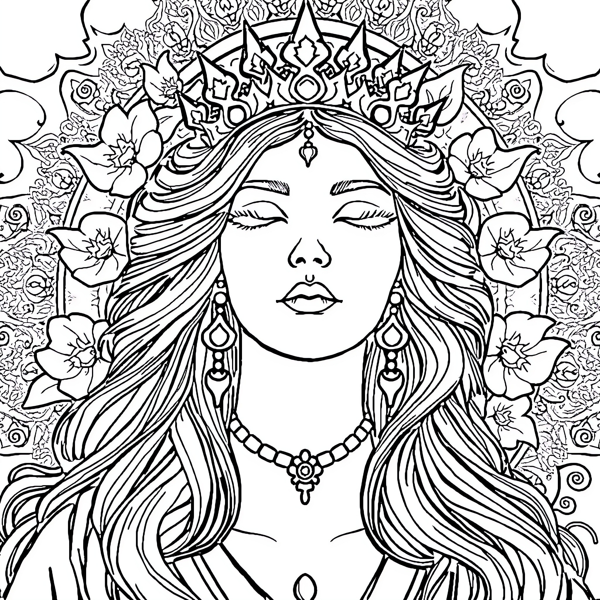 Neo Goddess with Floral Crown and Intricate Ornaments Coloring Page (free black-and-white line drawing printable PDF for all, from beginners to advanced learners, including children, teens, adults, and seniors)