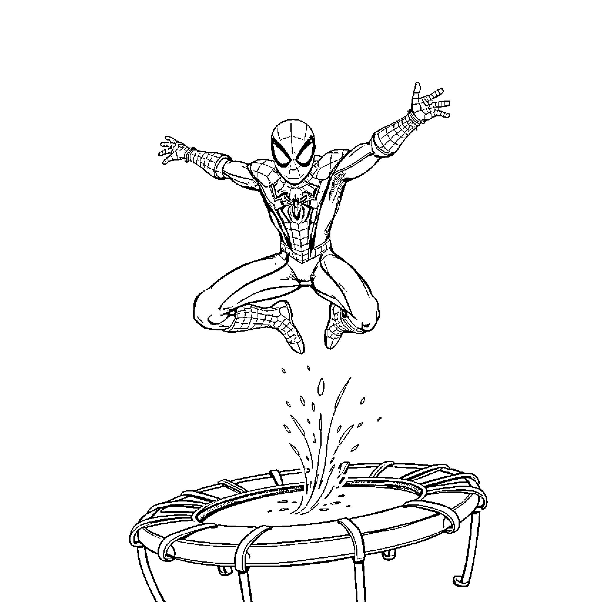 Spiderman jumping excitedly on trampoline Coloring Page (free black-and-white line drawing printable PDF for all, from beginners to advanced learners, including children, teens, adults, and seniors)