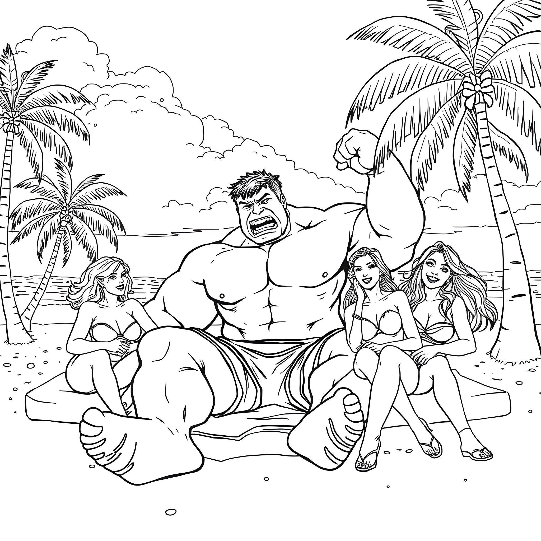 Hulk relaxes with friends on the beach Coloring Page (free black-and-white line drawing printable PDF for all, from beginners to advanced learners, including children, teens, adults, and seniors)