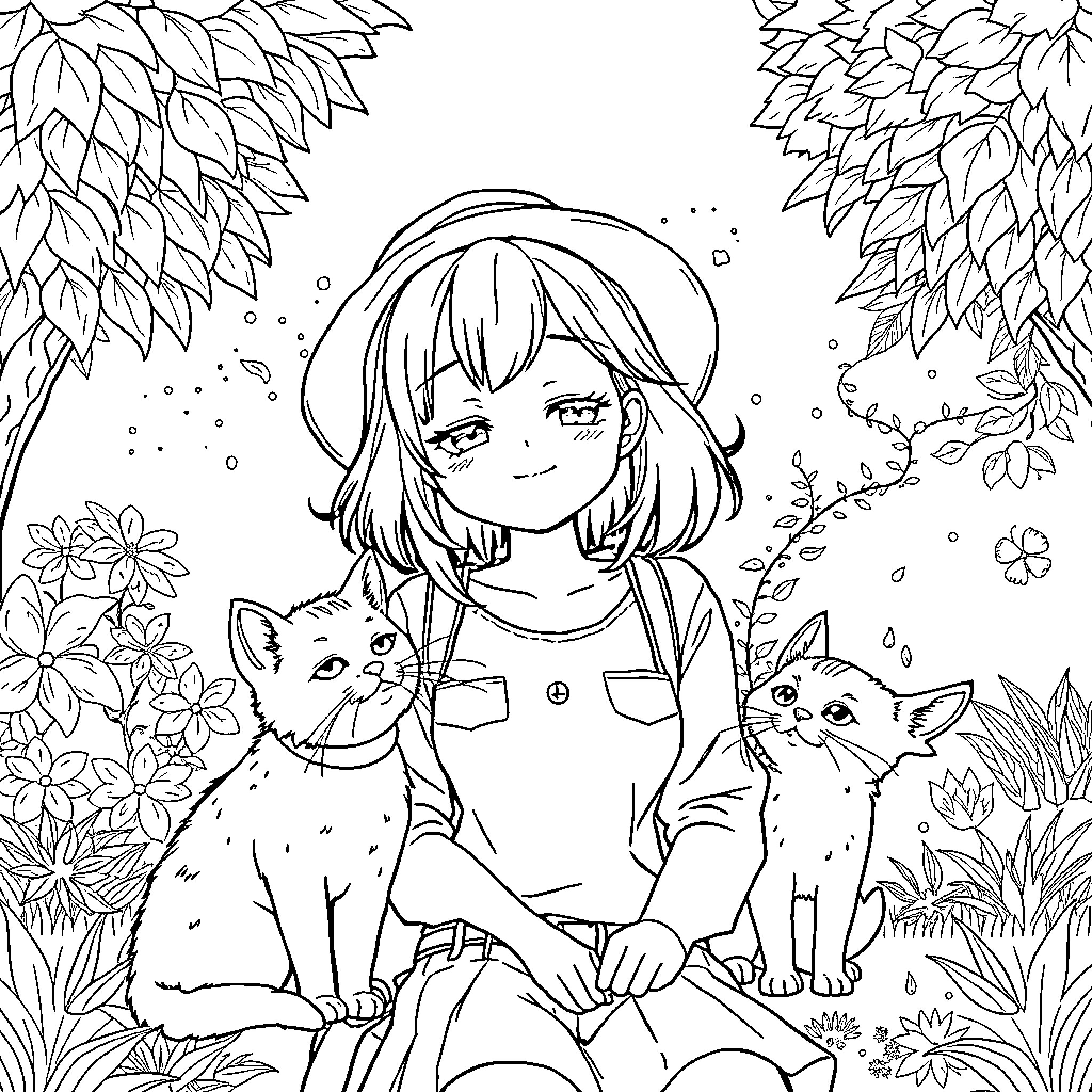 Anime Girl and Her Feline Companions in Nature Coloring Page (free black-and-white line drawing printable PDF for all, from beginners to advanced learners, including children, teens, adults, and seniors)