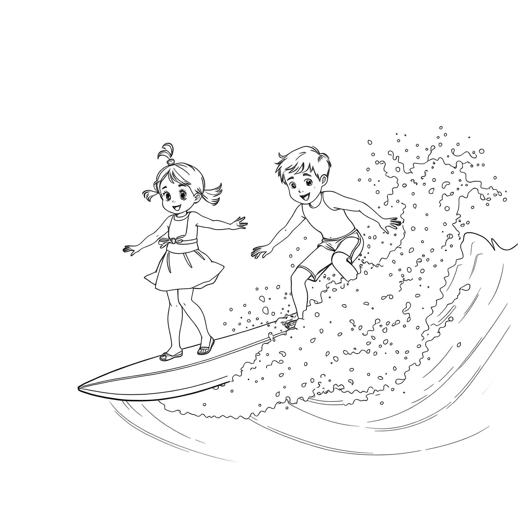 Child Surfing and Playing in the Ocean Coloring Page (free black-and-white line drawing printable PDF for all, from beginners to advanced learners, including children, teens, adults, and seniors)