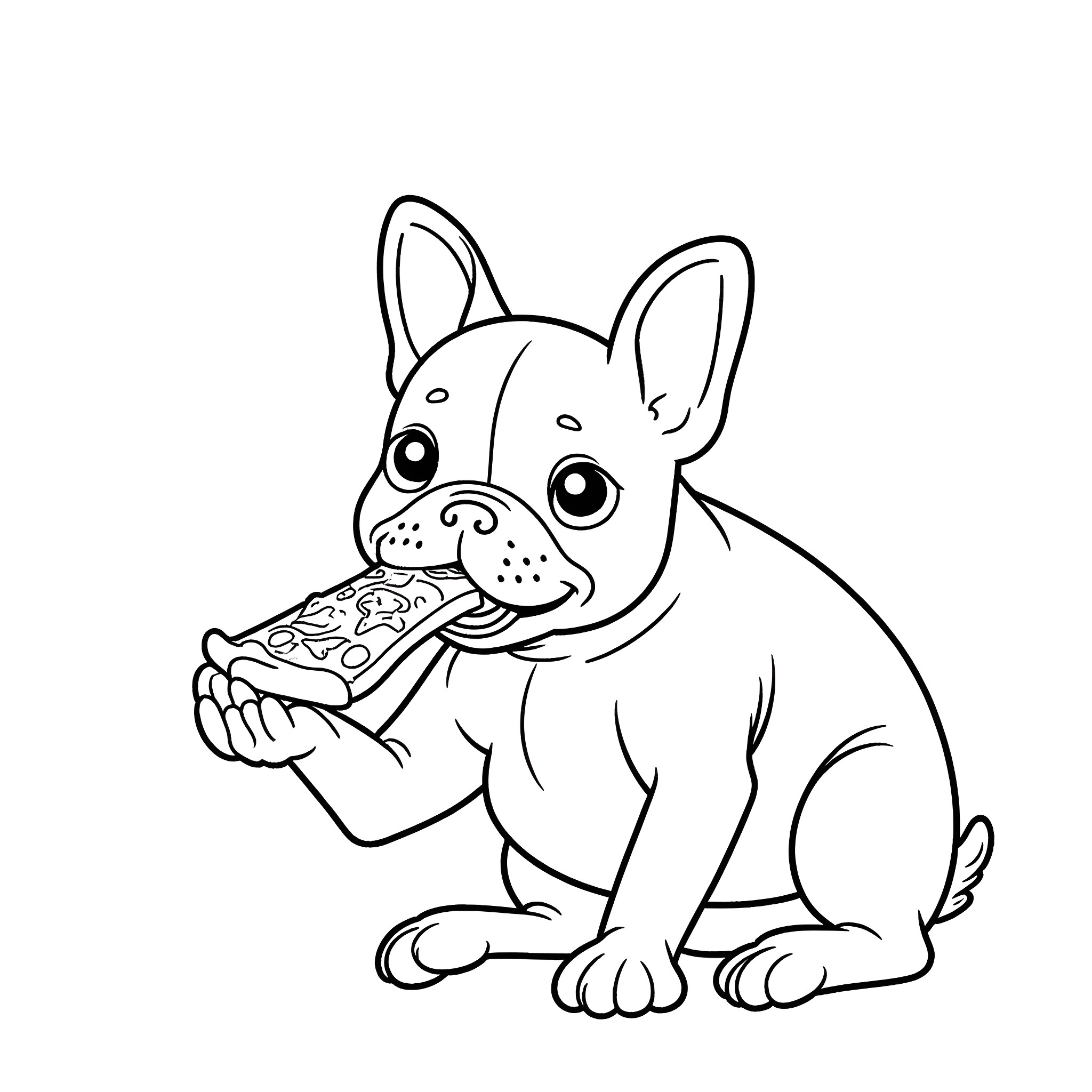 French Bulldog enjoying a tasty treat Coloring Page (free black-and-white line drawing printable PDF for all, from beginners to advanced learners, including children, teens, adults, and seniors)