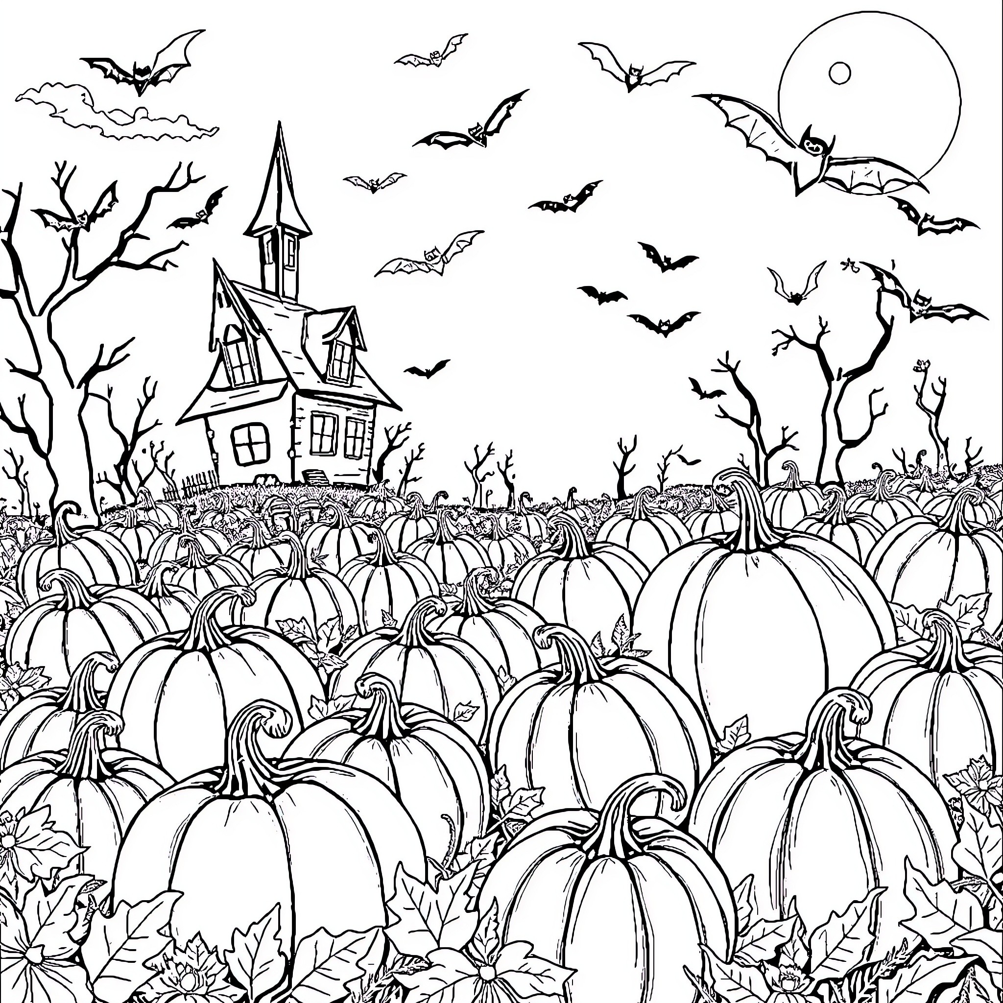 Pumpkin Patch with Haunted House and Bats Coloring Page (free black-and-white line drawing printable PDF for all, from beginners to advanced learners, including children, teens, adults, and seniors)