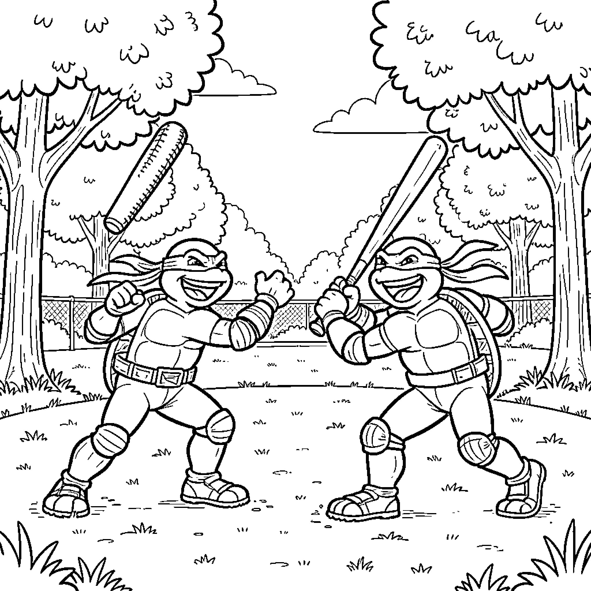 Ninja Turtles sparring in the forest Coloring Page (free black-and-white line drawing printable PDF for all, from beginners to advanced learners, including children, teens, adults, and seniors)