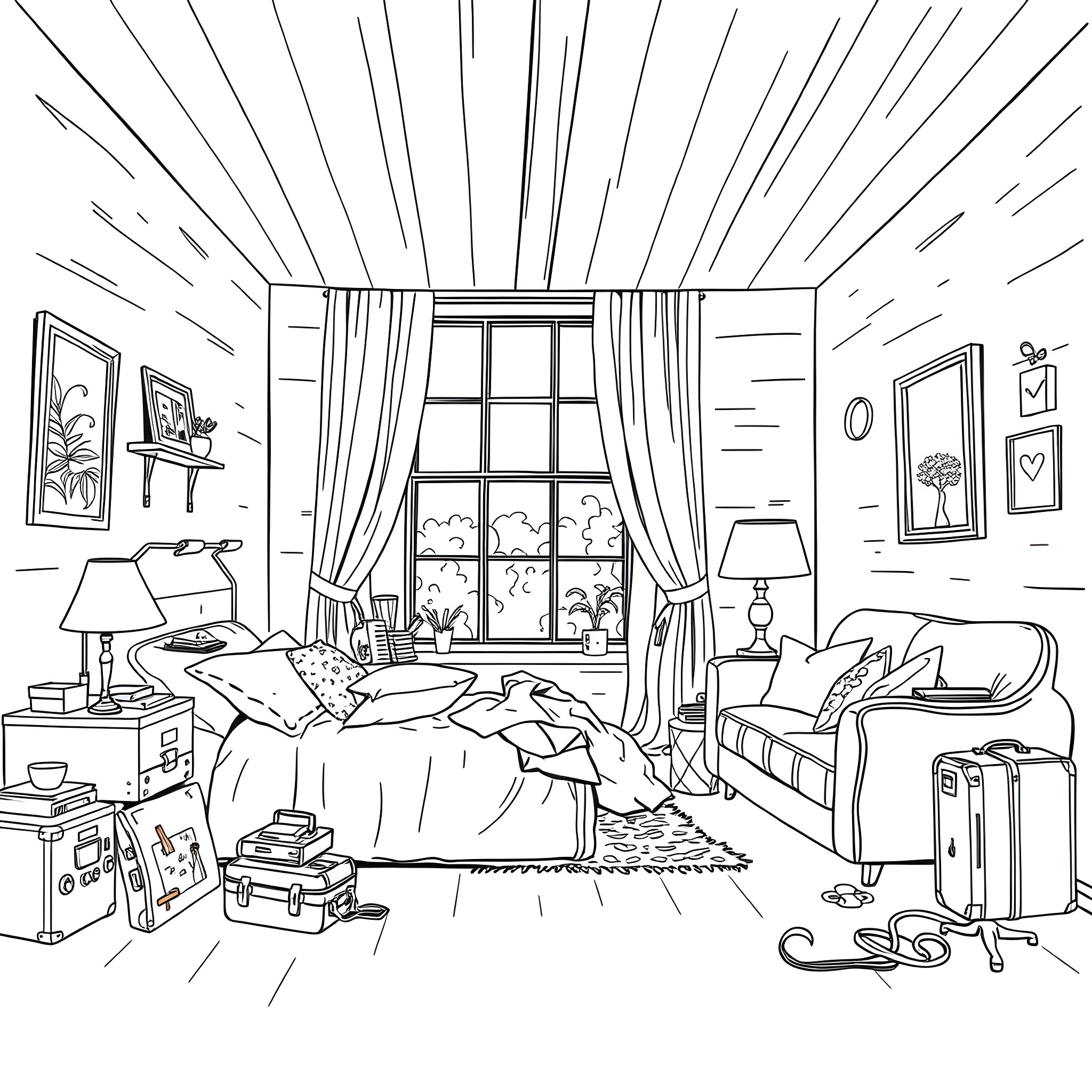 Questroom - Cozy bedroom scene with furnishings and decor Coloring Page (free black-and-white line drawing printable PDF for all, from beginners to advanced learners, including children, teens, adults, and seniors)