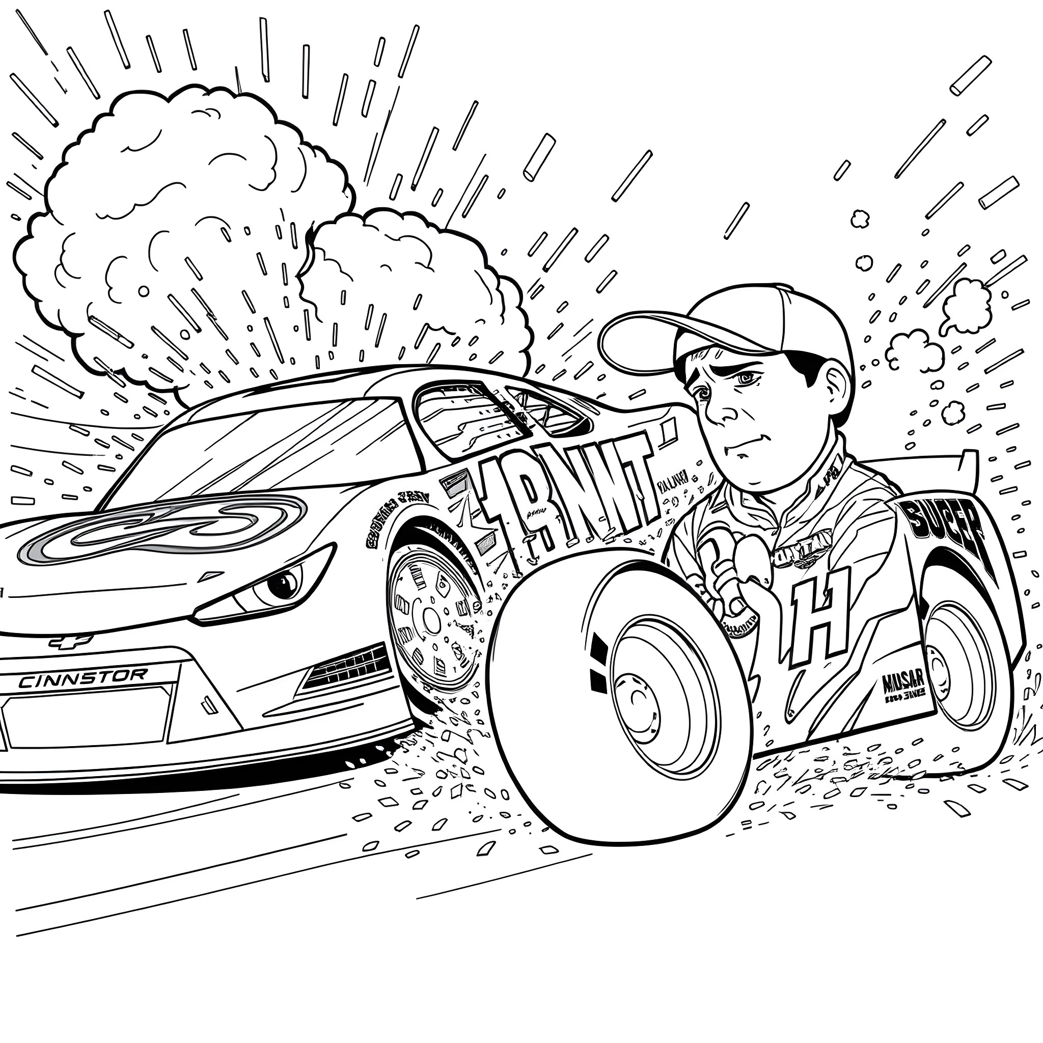 Kyle Larson racing car in high-speed action Coloring Page (free black-and-white line drawing printable PDF for all, from beginners to advanced learners, including children, teens, adults, and seniors)