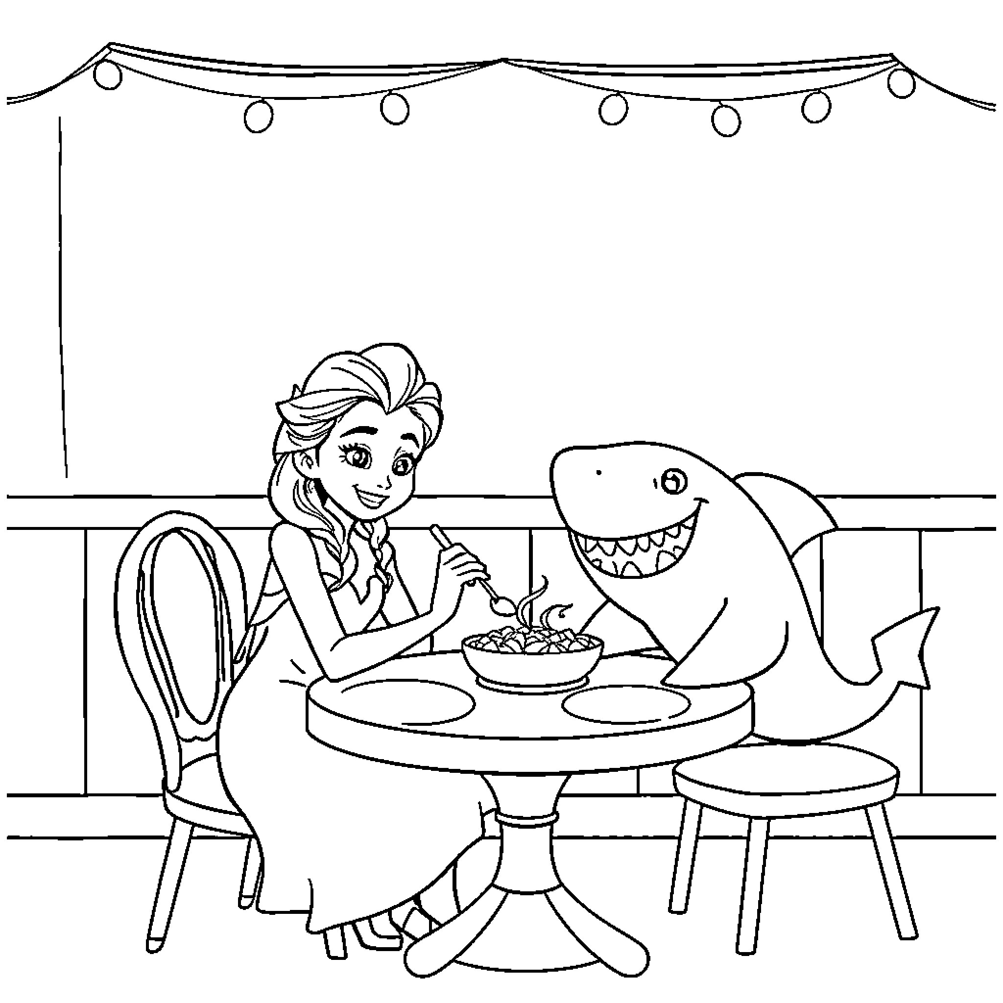 Elsa enjoying a meal with a friendly shark Coloring Page (free black-and-white line drawing printable PDF for all, from beginners to advanced learners, including children, teens, adults, and seniors)