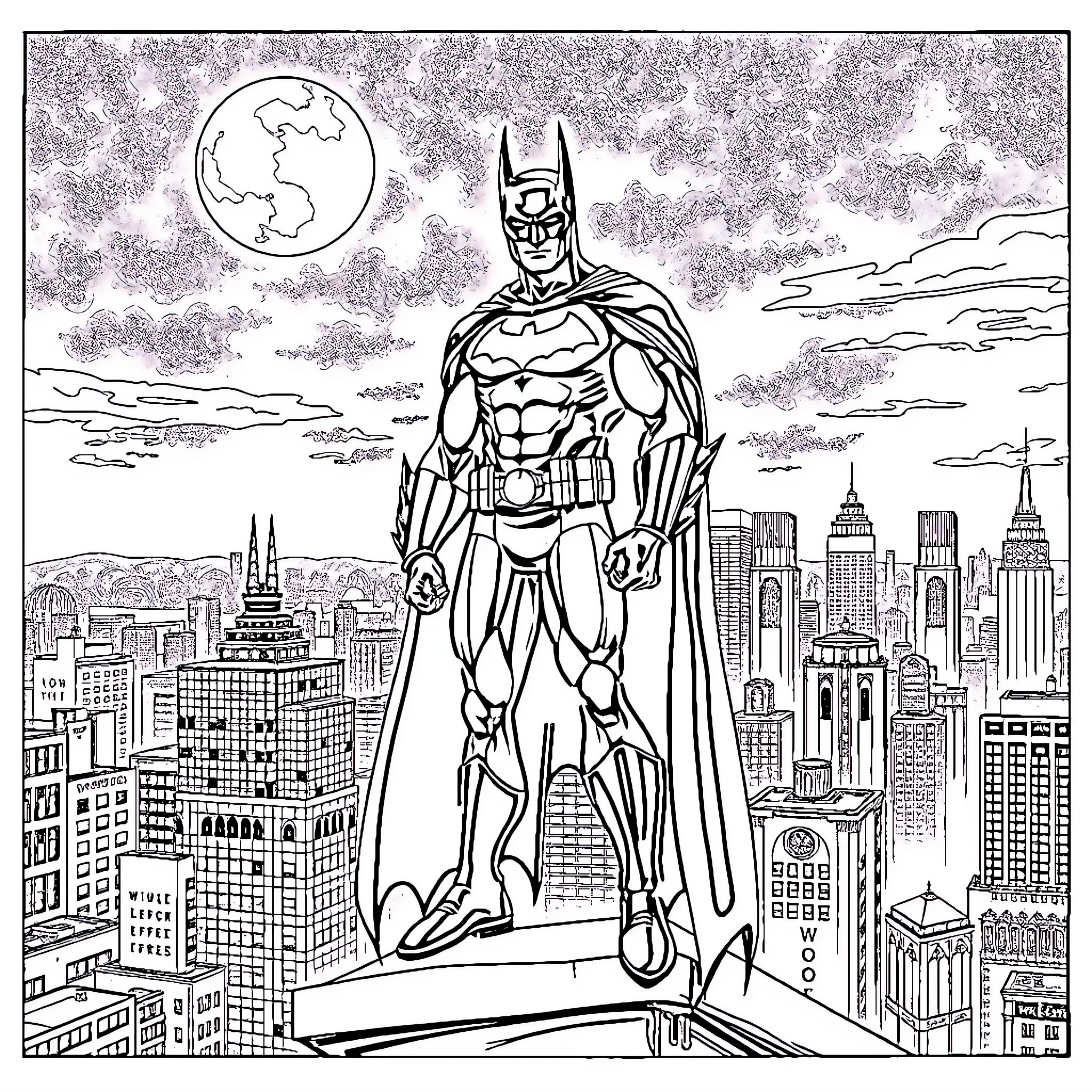 Batman overlooking the city skyline Coloring Page (free black-and-white line drawing printable PDF for all, from beginners to advanced learners, including children, teens, adults, and seniors)
