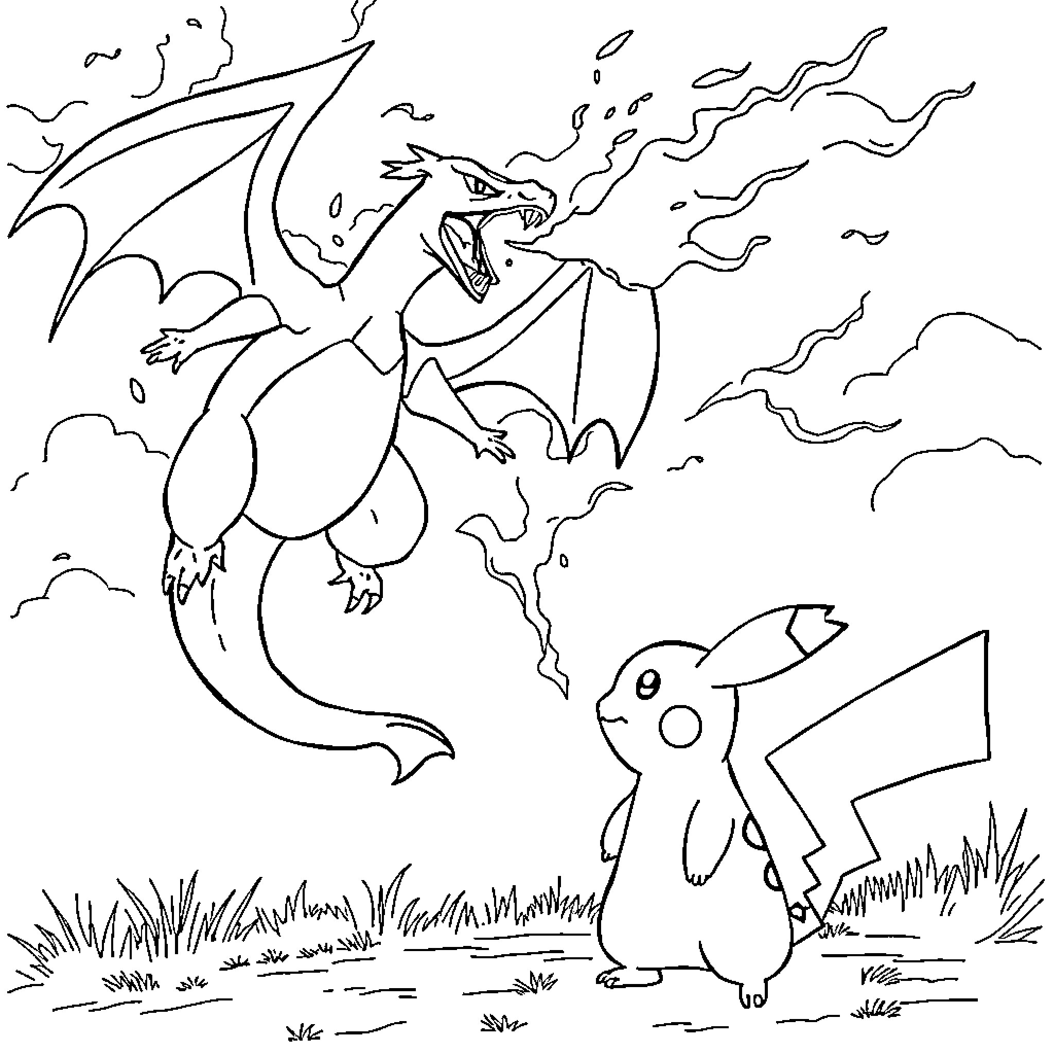 Charizard battling with electric mouse creature in field Coloring Page (free black-and-white line drawing printable PDF for all, from beginners to advanced learners, including children, teens, adults, and seniors)