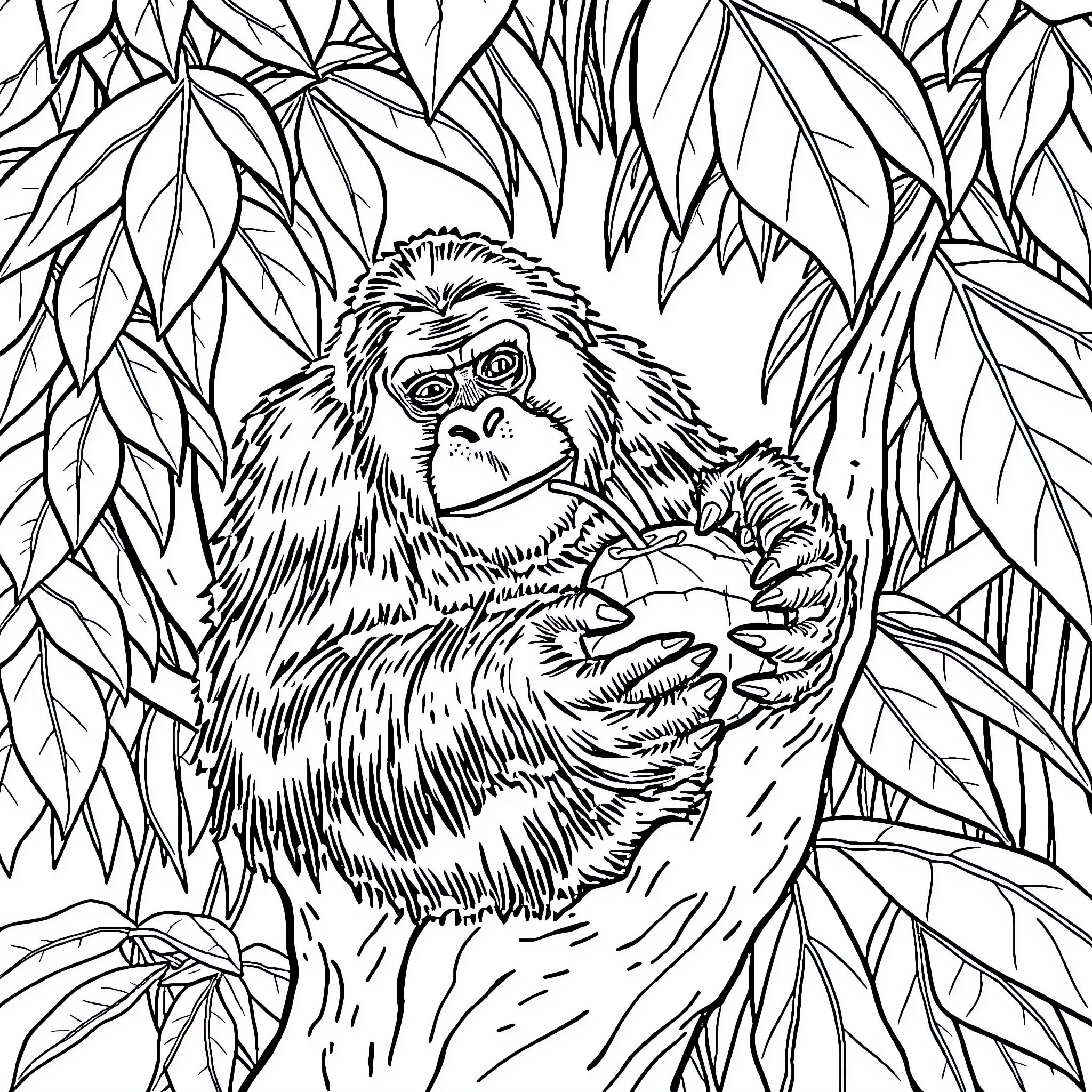 Orangutan sitting in the jungle Coloring Page (free black-and-white line drawing printable PDF for all, from beginners to advanced learners, including children, teens, adults, and seniors)