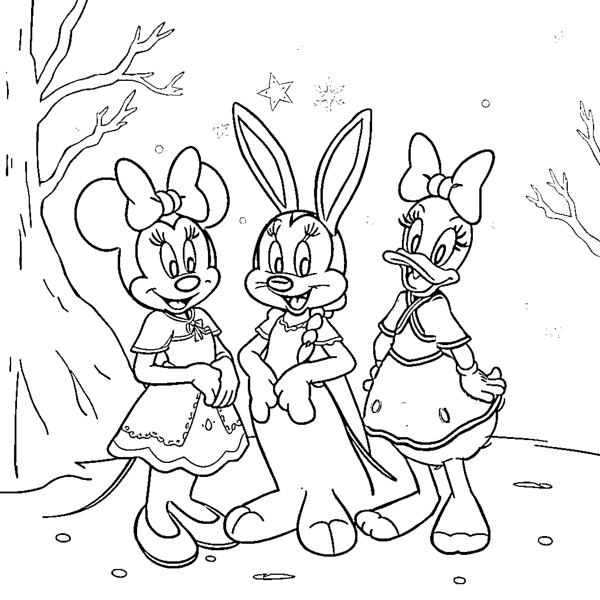 Bunny friends having a fun adventure Coloring Page (free black-and-white line drawing printable PDF for all, from beginners to advanced learners, including children, teens, adults, and seniors)