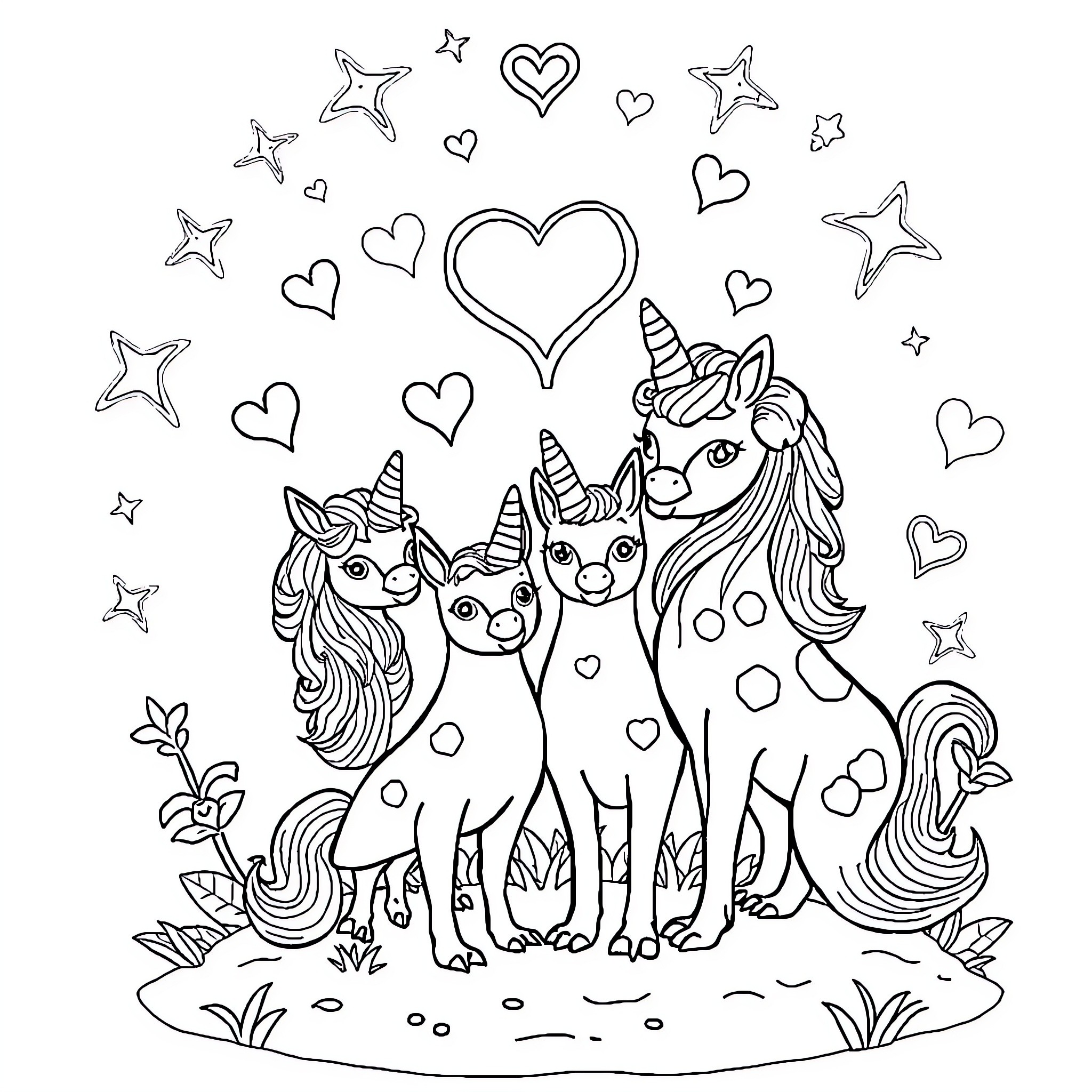 Unicorn family enjoying magical scenery with hearts Coloring Page (free black-and-white line drawing printable PDF for all, from beginners to advanced learners, including children, teens, adults, and seniors)