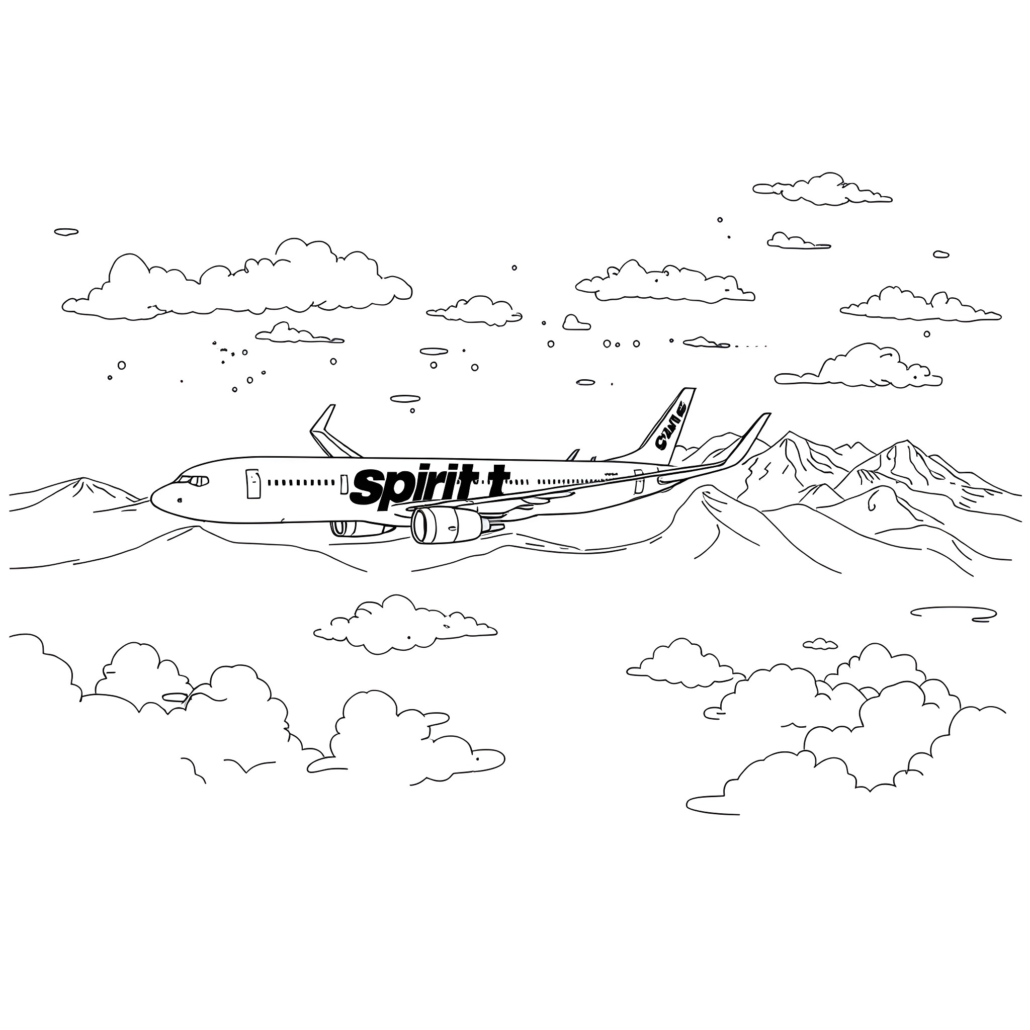 Plane soaring through clouds over mountainous landscape Coloring Page (free black-and-white line drawing printable PDF for all, from beginners to advanced learners, including children, teens, adults, and seniors)