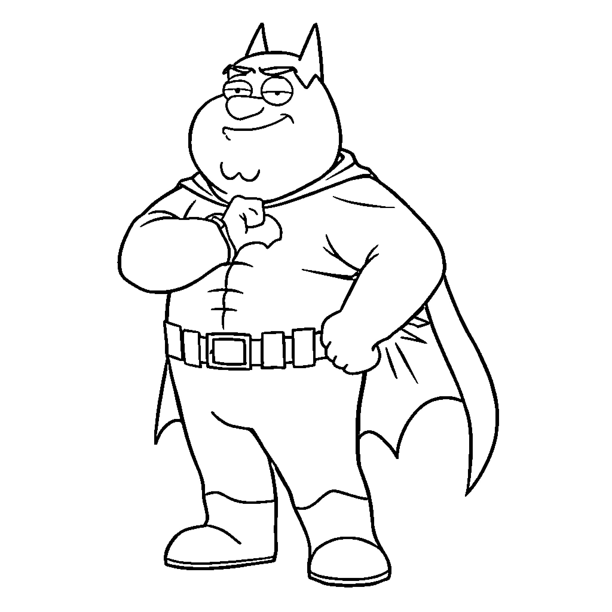 Peter Griffin as a comical superhero Coloring Page (free black-and-white line drawing printable PDF for all, from beginners to advanced learners, including children, teens, adults, and seniors)