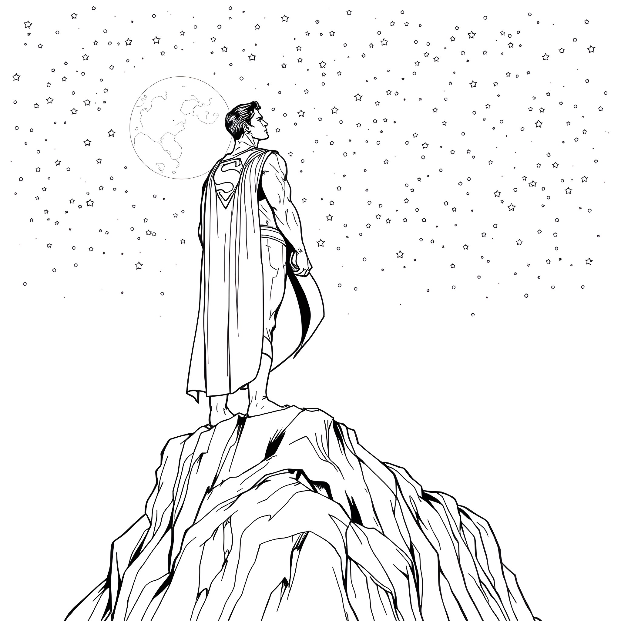 Superman overlooking the starry night sky Coloring Page (free black-and-white line drawing printable PDF for all, from beginners to advanced learners, including children, teens, adults, and seniors)