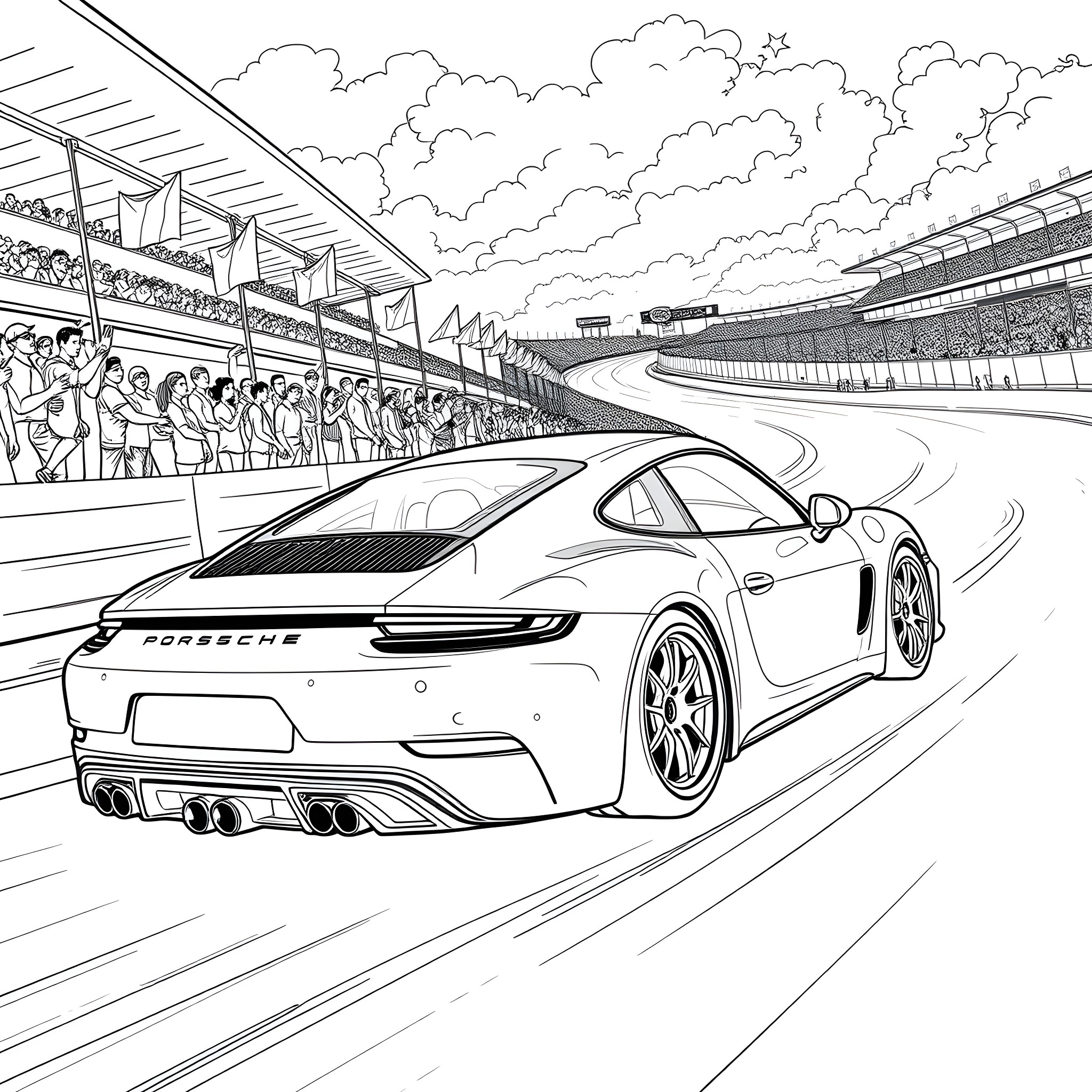 Porsche race car speeding on the track Coloring Page (free black-and-white line drawing printable PDF for all, from beginners to advanced learners, including children, teens, adults, and seniors)