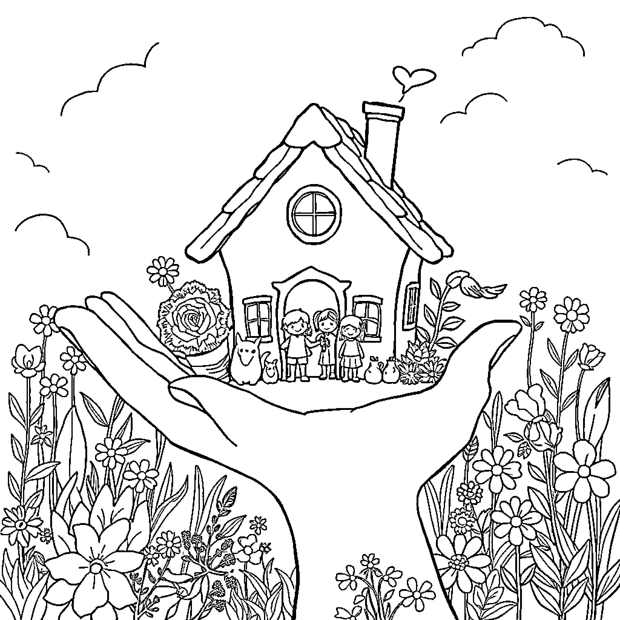 House surrounded by whimsical garden and flora Coloring Page (free black-and-white line drawing printable PDF for all, from beginners to advanced learners, including children, teens, adults, and seniors)