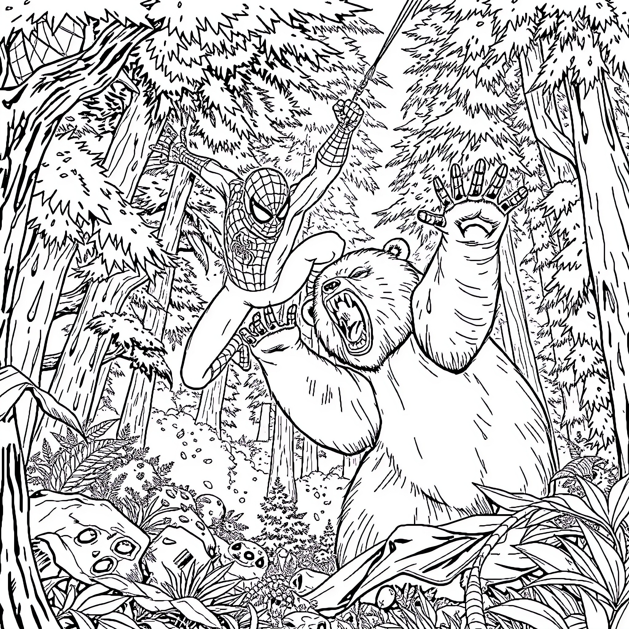 Spider-Man Battles Fierce Bear in Magical Forest Coloring Page (free black-and-white line drawing printable PDF for all, from beginners to advanced learners, including children, teens, adults, and seniors)