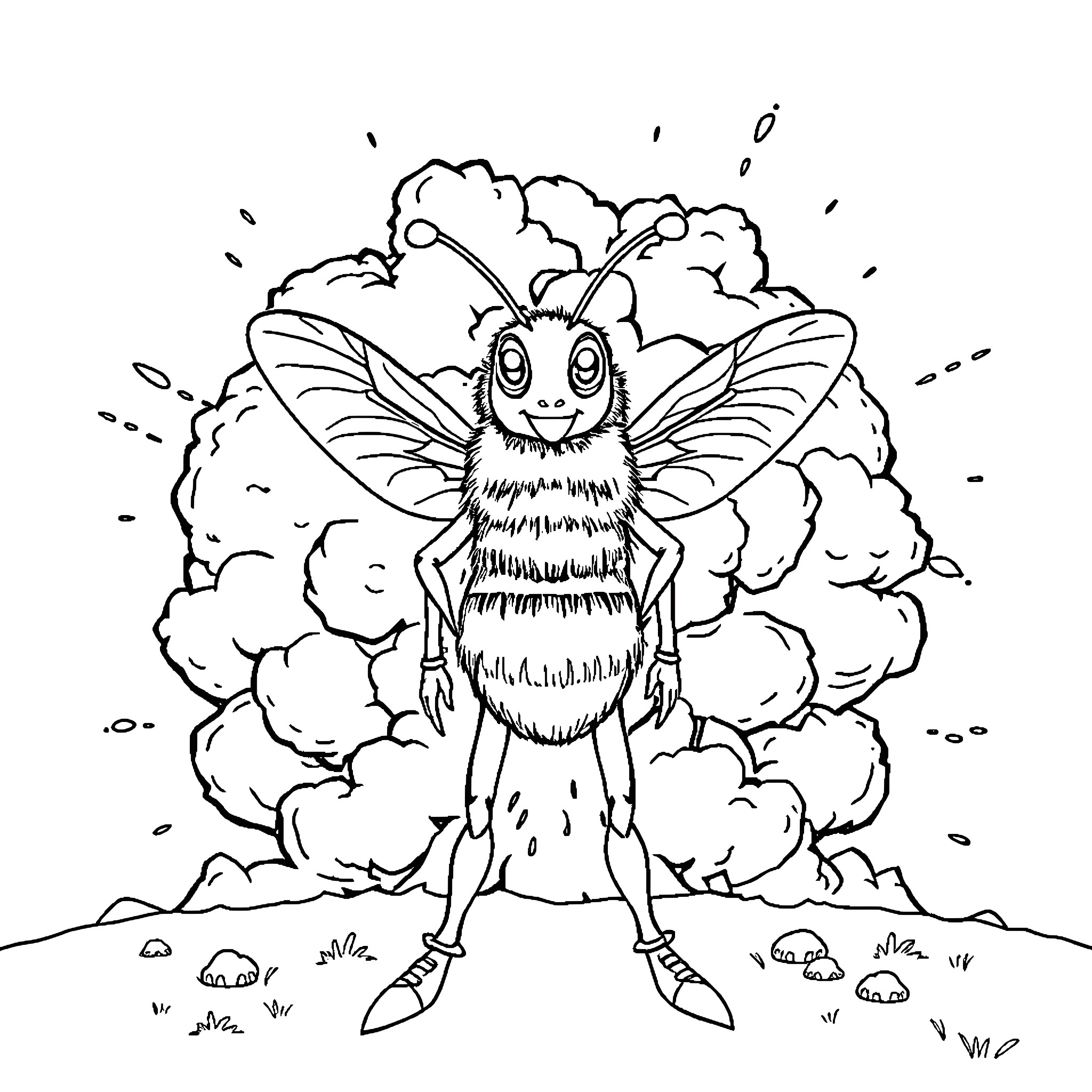 Bee Emerging from Cloudy Explosion Coloring Page (free black-and-white line drawing printable PDF for all, from beginners to advanced learners, including children, teens, adults, and seniors)