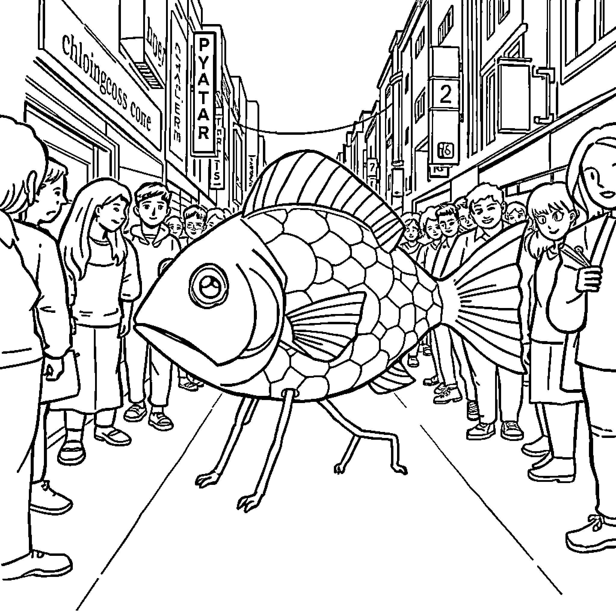 Fish Exploring the Bustling City Street Coloring Page (free black-and-white line drawing printable PDF for all, from beginners to advanced learners, including children, teens, adults, and seniors)