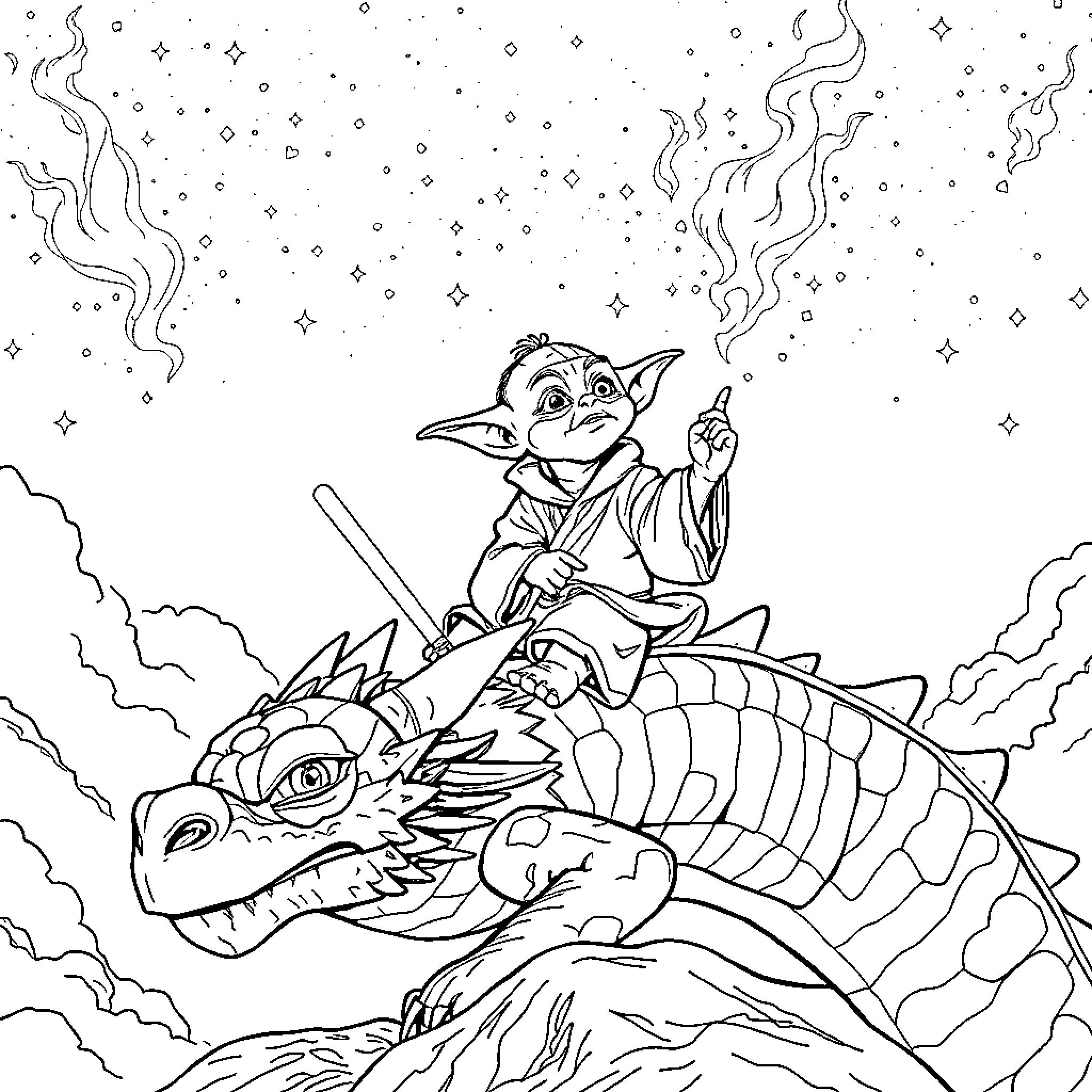 Yoda riding a fantastical creature in the starry night sky Coloring Page (free black-and-white line drawing printable PDF for all, from beginners to advanced learners, including children, teens, adults, and seniors)