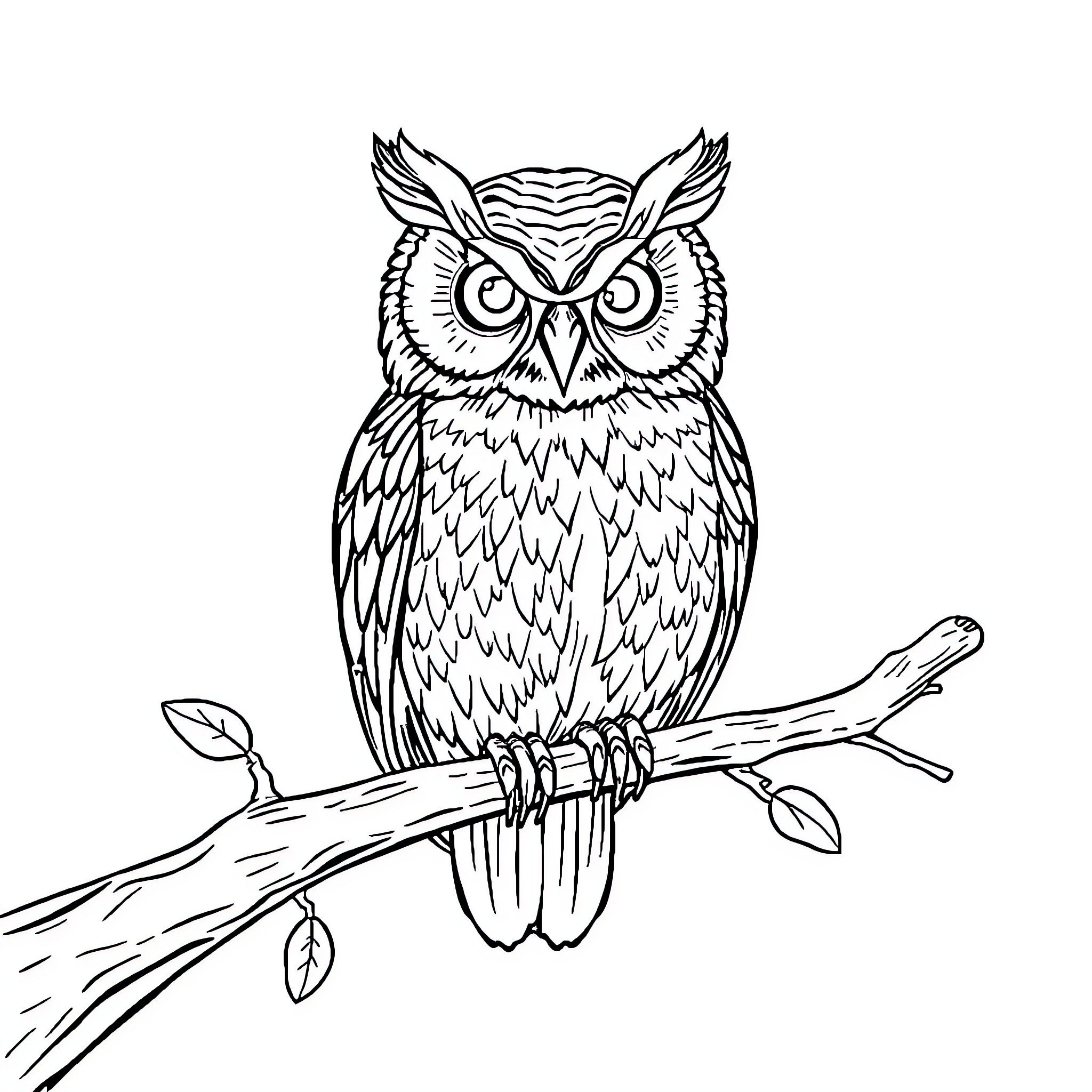Owl perching attentively on a branch Coloring Page (free black-and-white line drawing printable PDF for all, from beginners to advanced learners, including children, teens, adults, and seniors)