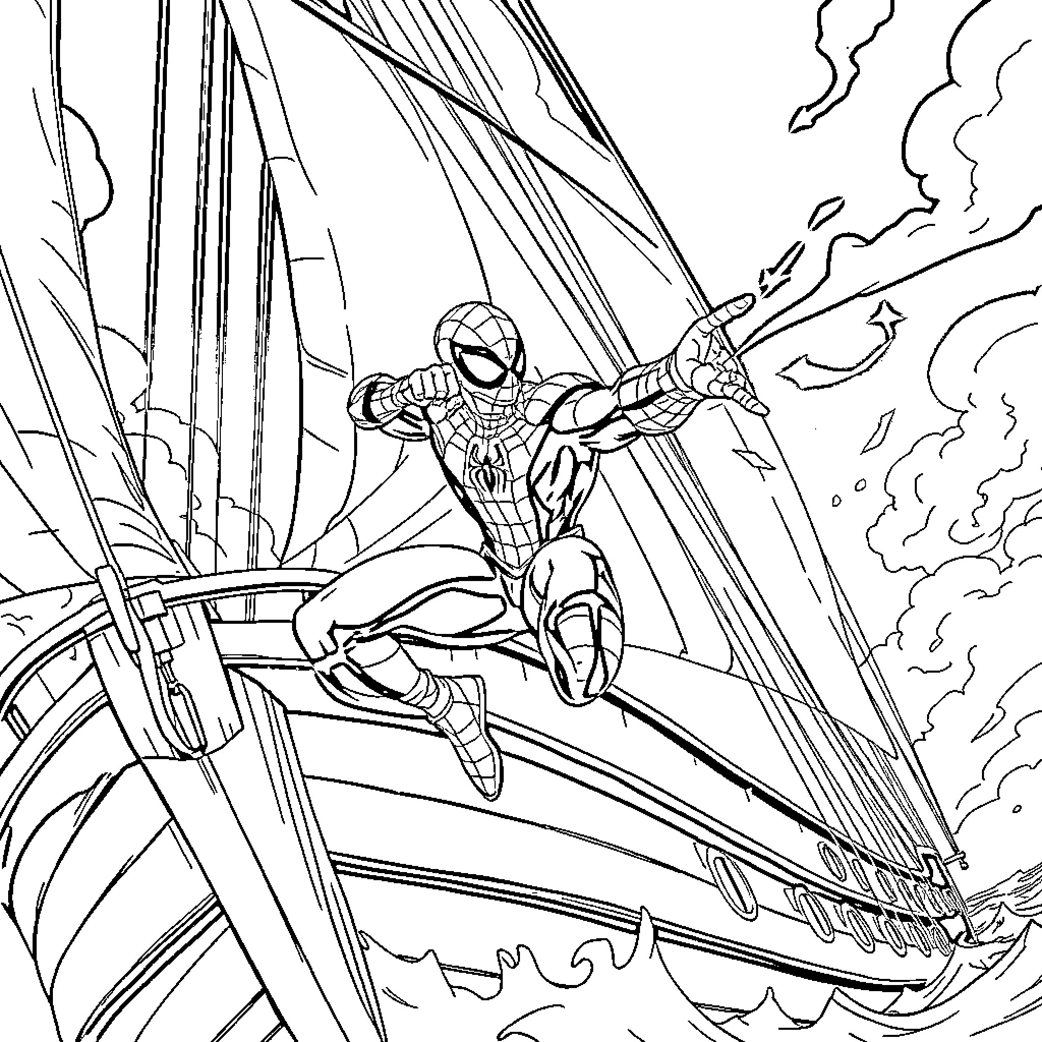 Spider-Man swinging from a sailboat on the ocean Coloring Page (free black-and-white line drawing printable PDF for all, from beginners to advanced learners, including children, teens, adults, and seniors)