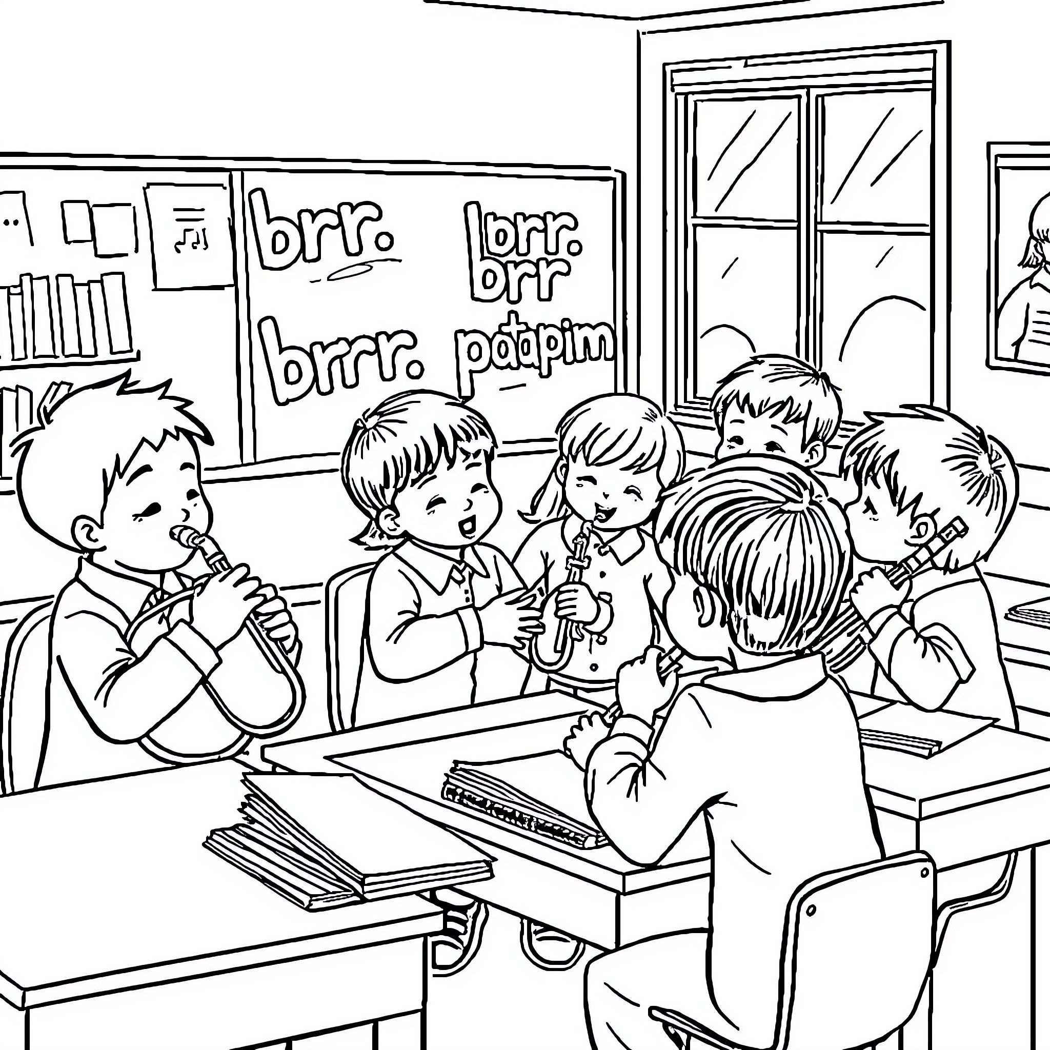 École Students Engaged in Lively Classroom Discussion Coloring Page (free black-and-white line drawing printable PDF for all, from beginners to advanced learners, including children, teens, adults, and seniors)