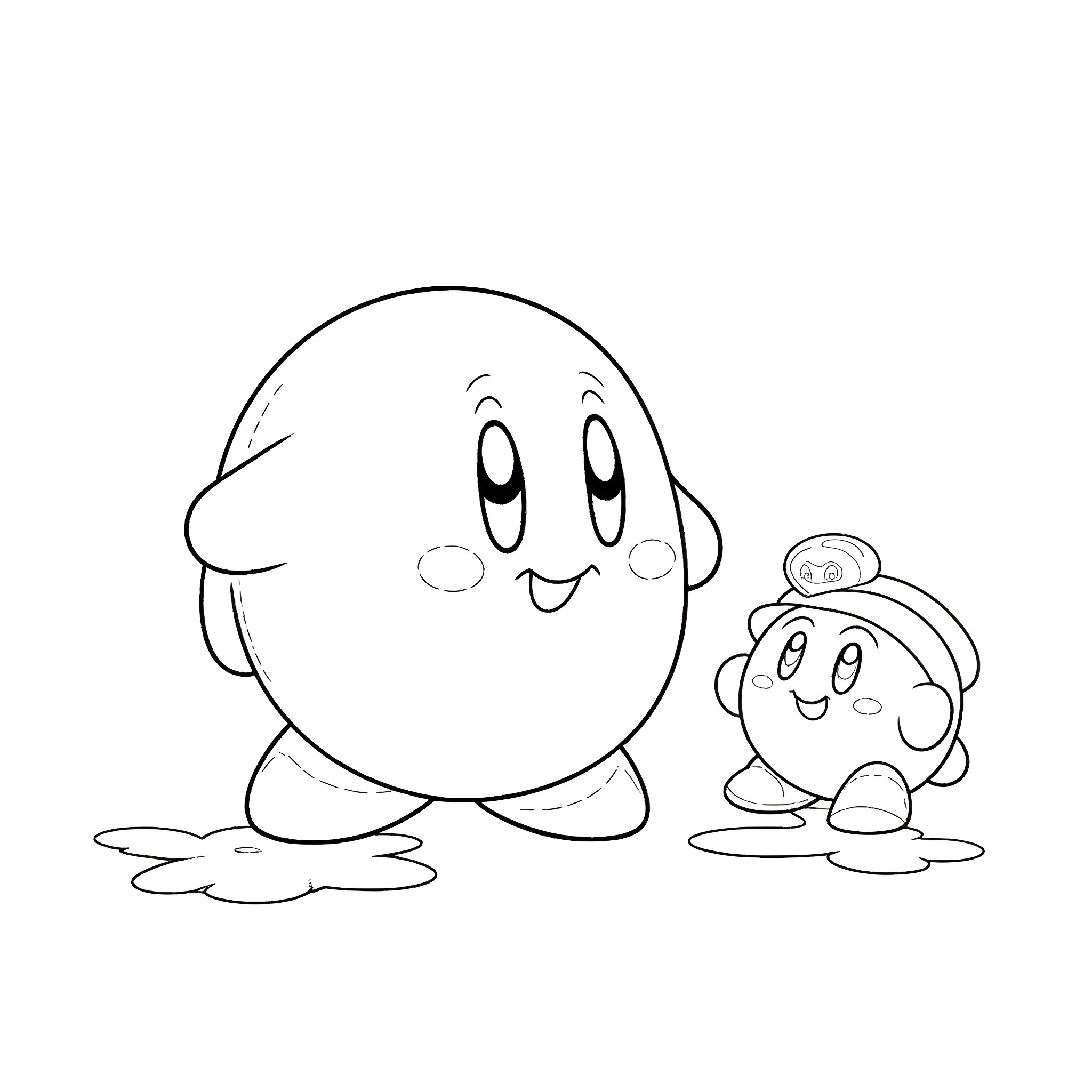 Kirby and friend enjoying a playful moment Coloring Page (free black-and-white line drawing printable PDF for all, from beginners to advanced learners, including children, teens, adults, and seniors)