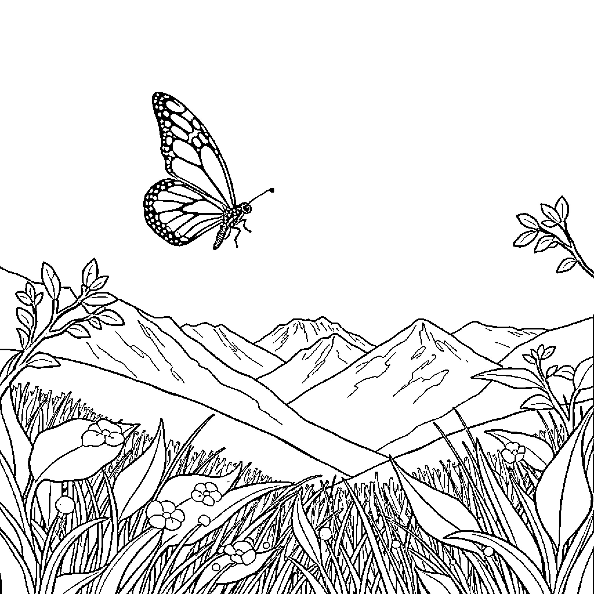 Butterfly soaring over a scenic mountain landscape Coloring Page (free black-and-white line drawing printable PDF for all, from beginners to advanced learners, including children, teens, adults, and seniors)
