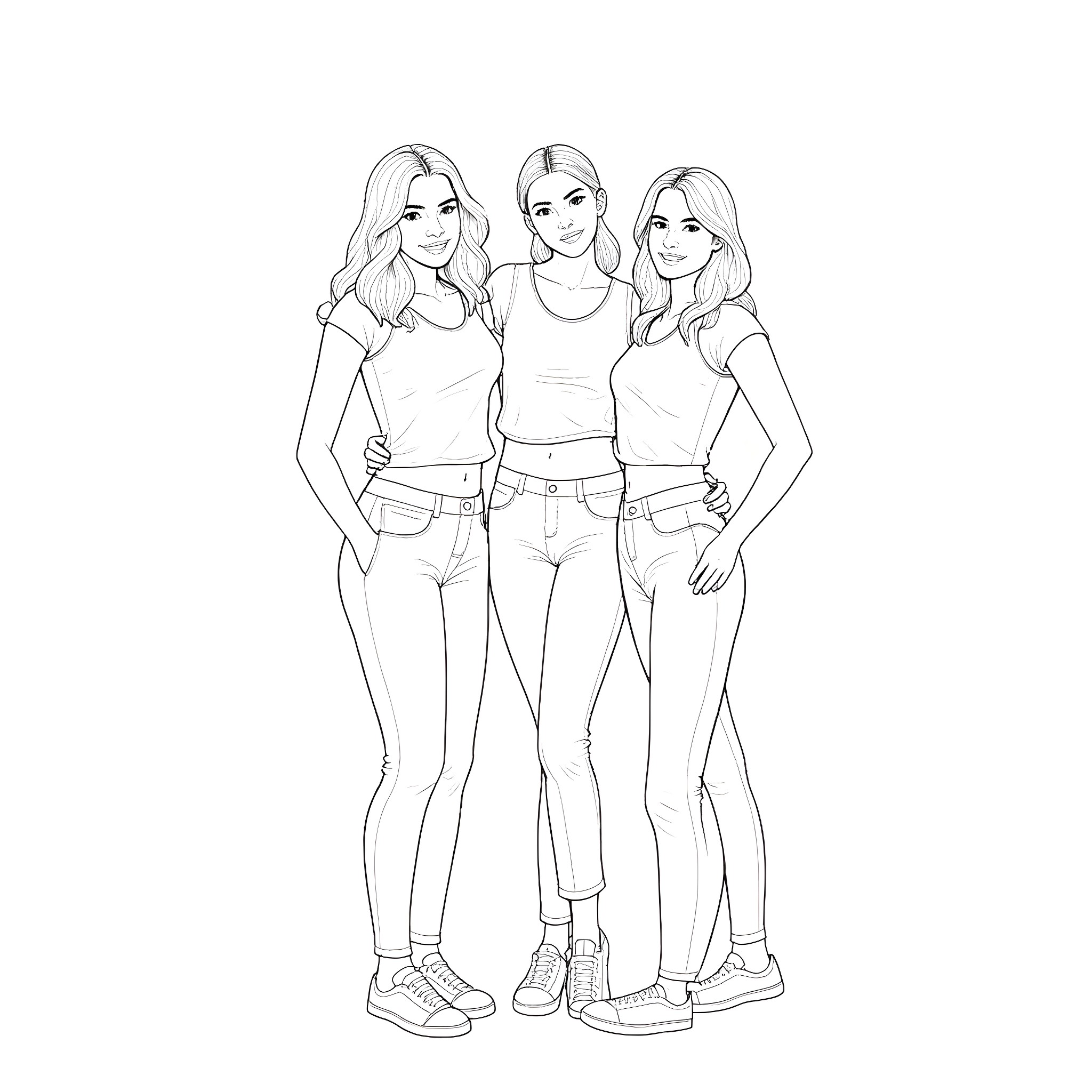 Woman Portrayed in Casual Attire Posing with Friends Coloring Page (free black-and-white line drawing printable PDF for all, from beginners to advanced learners, including children, teens, adults, and seniors)