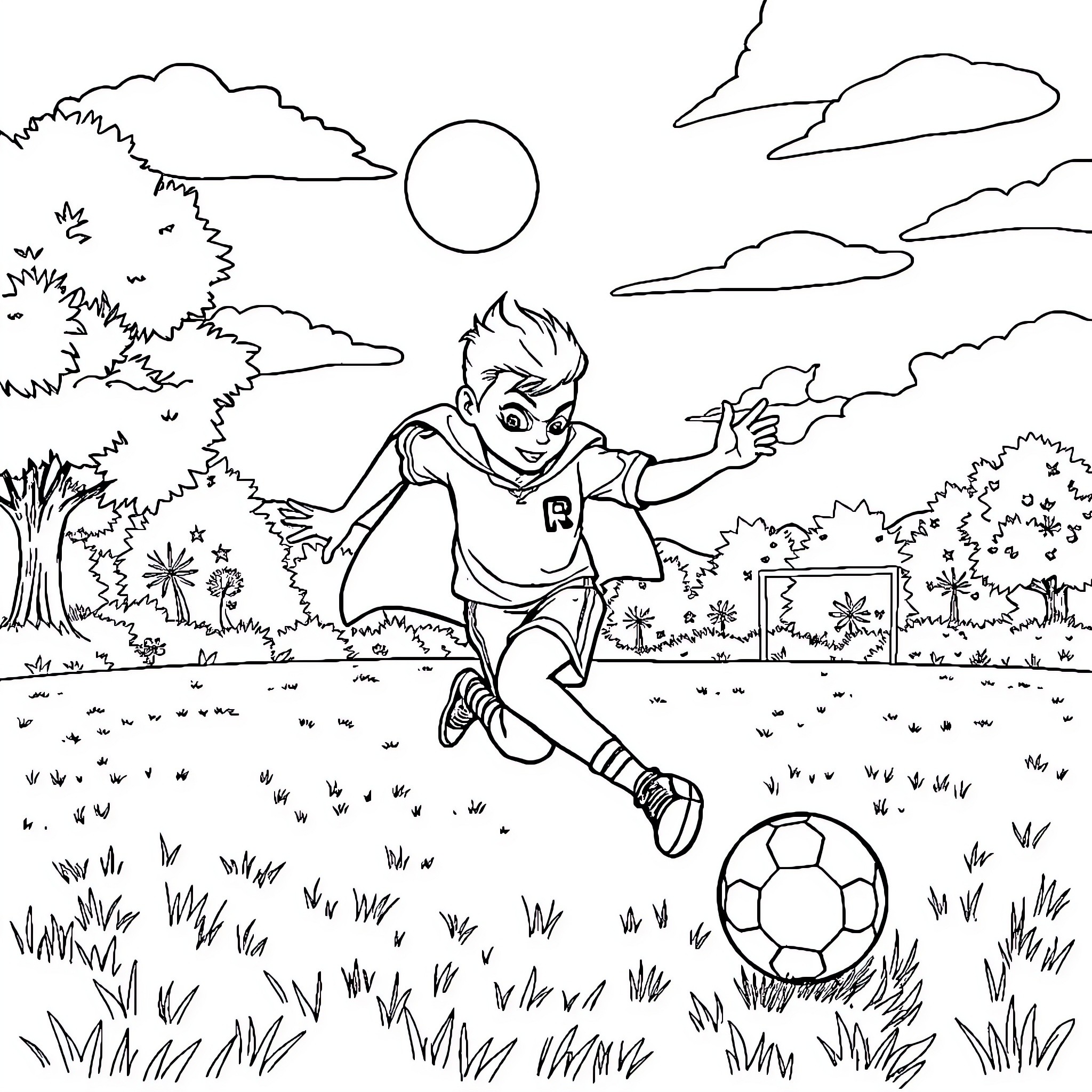 Robin happily playing with a soccer ball in the park Coloring Page (free black-and-white line drawing printable PDF for all, from beginners to advanced learners, including children, teens, adults, and seniors)