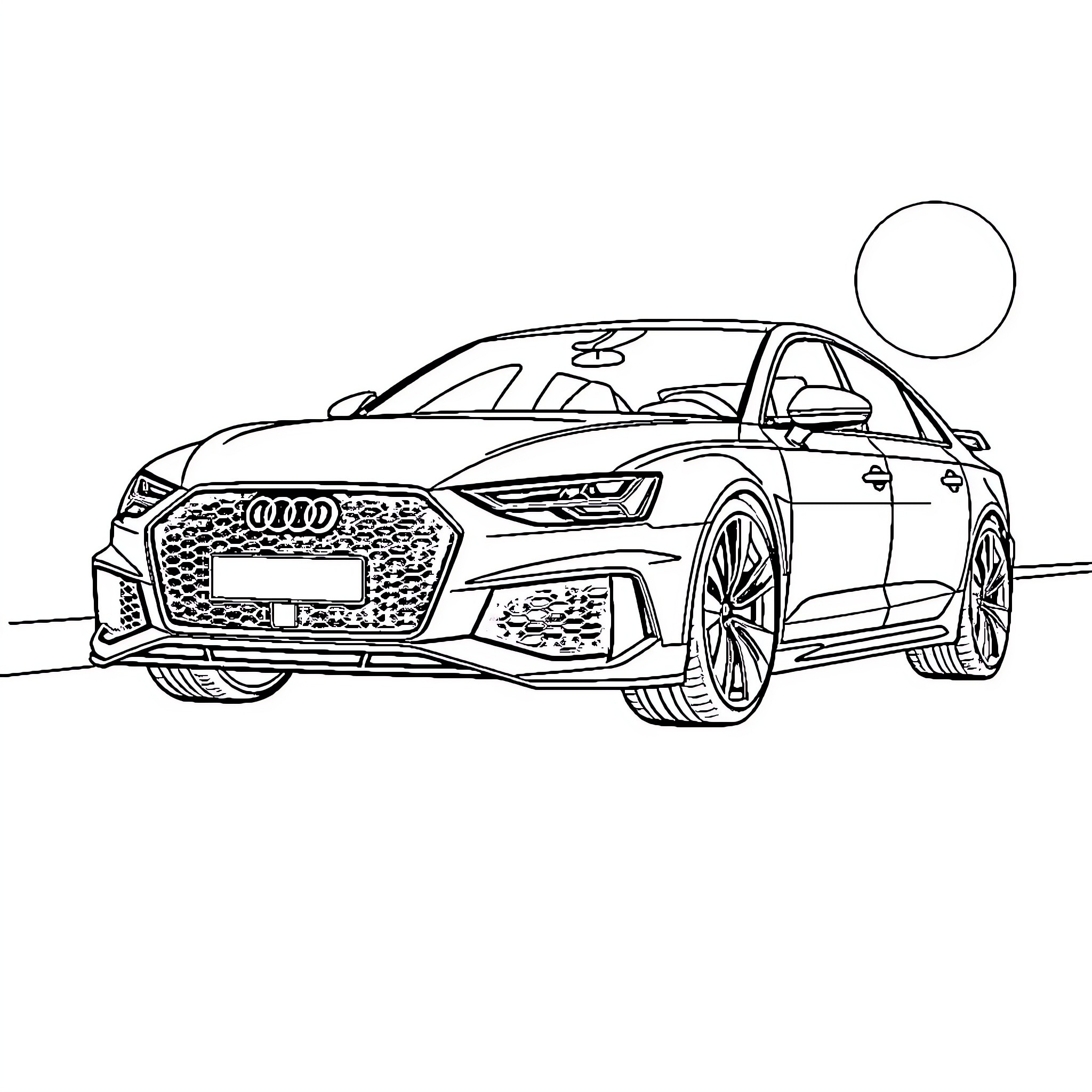 Audi luxury sports car in motion Coloring Page (free black-and-white line drawing printable PDF for all, from beginners to advanced learners, including children, teens, adults, and seniors)
