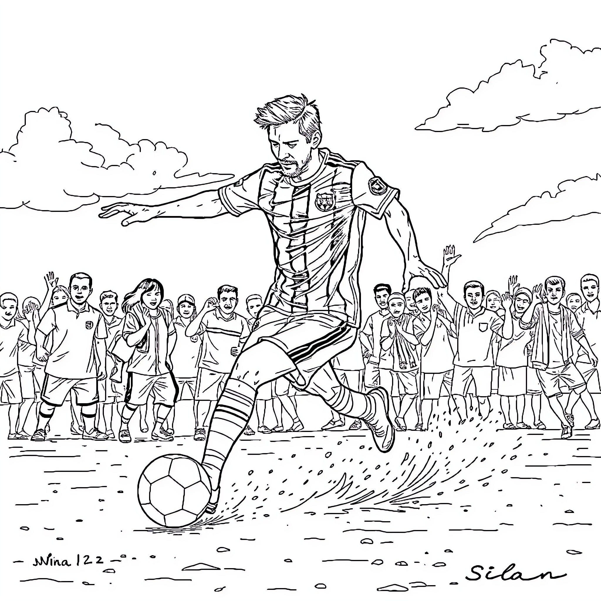 Messi's Skillful Play on the Pitch Coloring Page (free black-and-white line drawing printable PDF for all, from beginners to advanced learners, including children, teens, adults, and seniors)