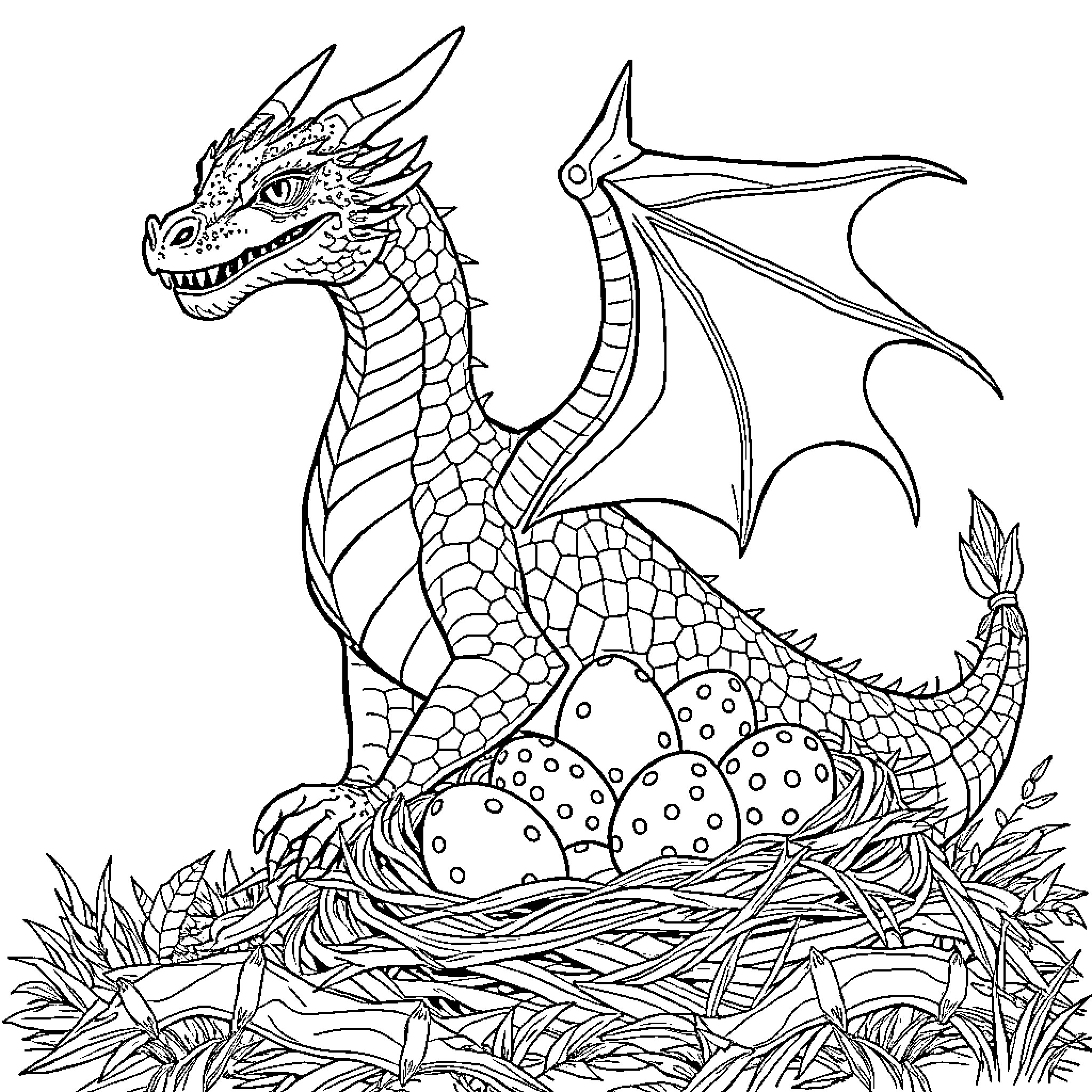 Dragon guarding its nest with eggs Coloring Page (free black-and-white line drawing printable PDF for all, from beginners to advanced learners, including children, teens, adults, and seniors)