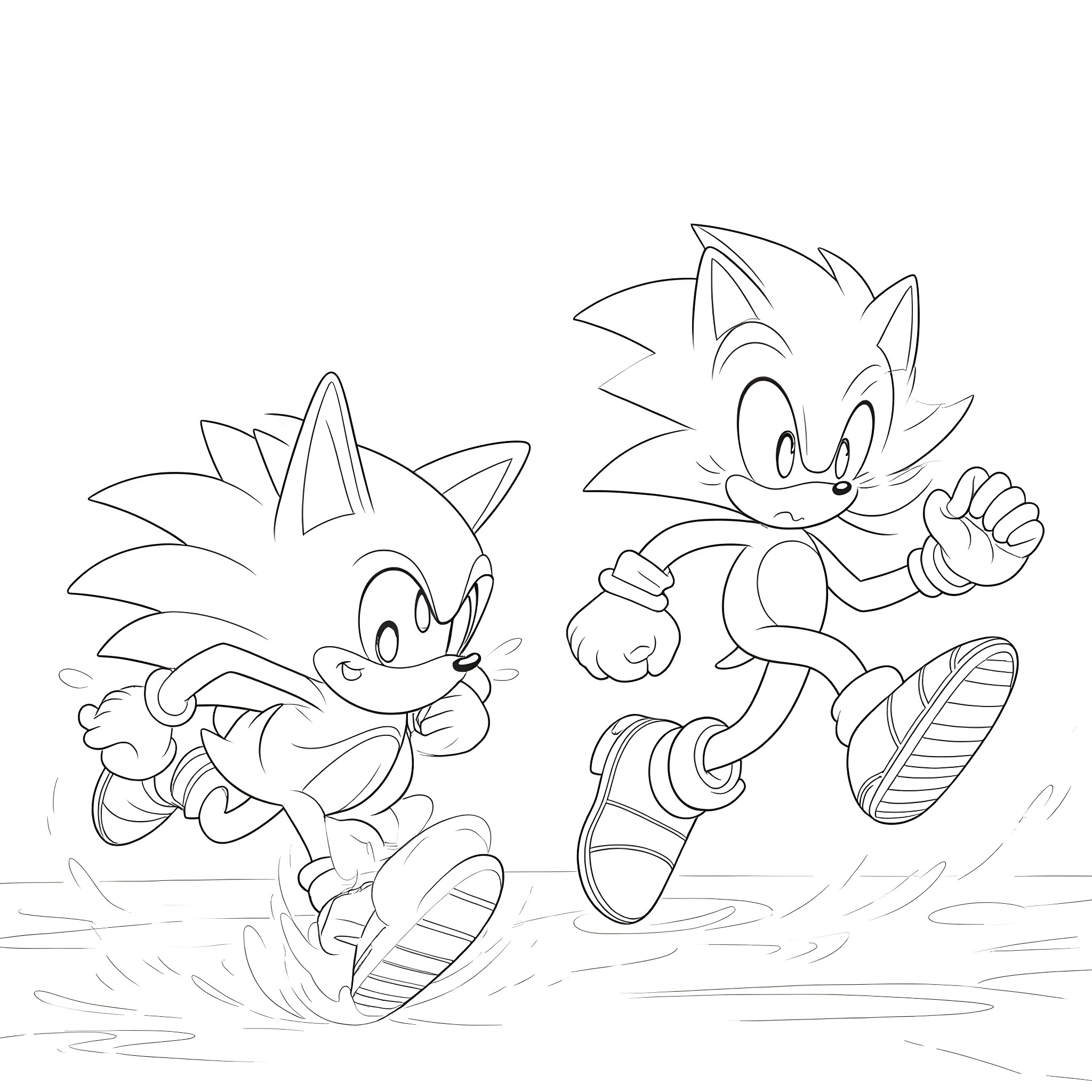 Sonic characters running in action Coloring Page (free black-and-white line drawing printable PDF for all, from beginners to advanced learners, including children, teens, adults, and seniors)