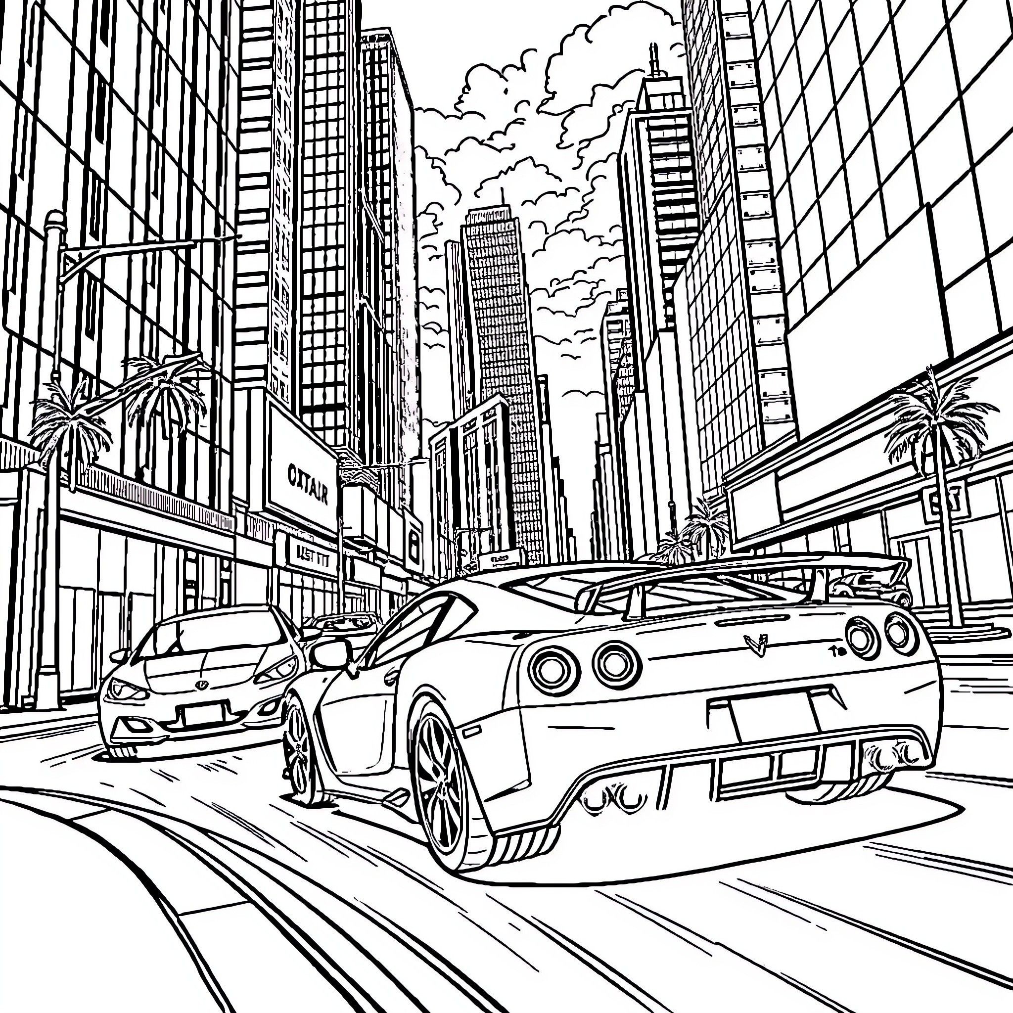 GTA: High-octane Cityscape Thriller Coloring Page (free black-and-white line drawing printable PDF for all, from beginners to advanced learners, including children, teens, adults, and seniors)