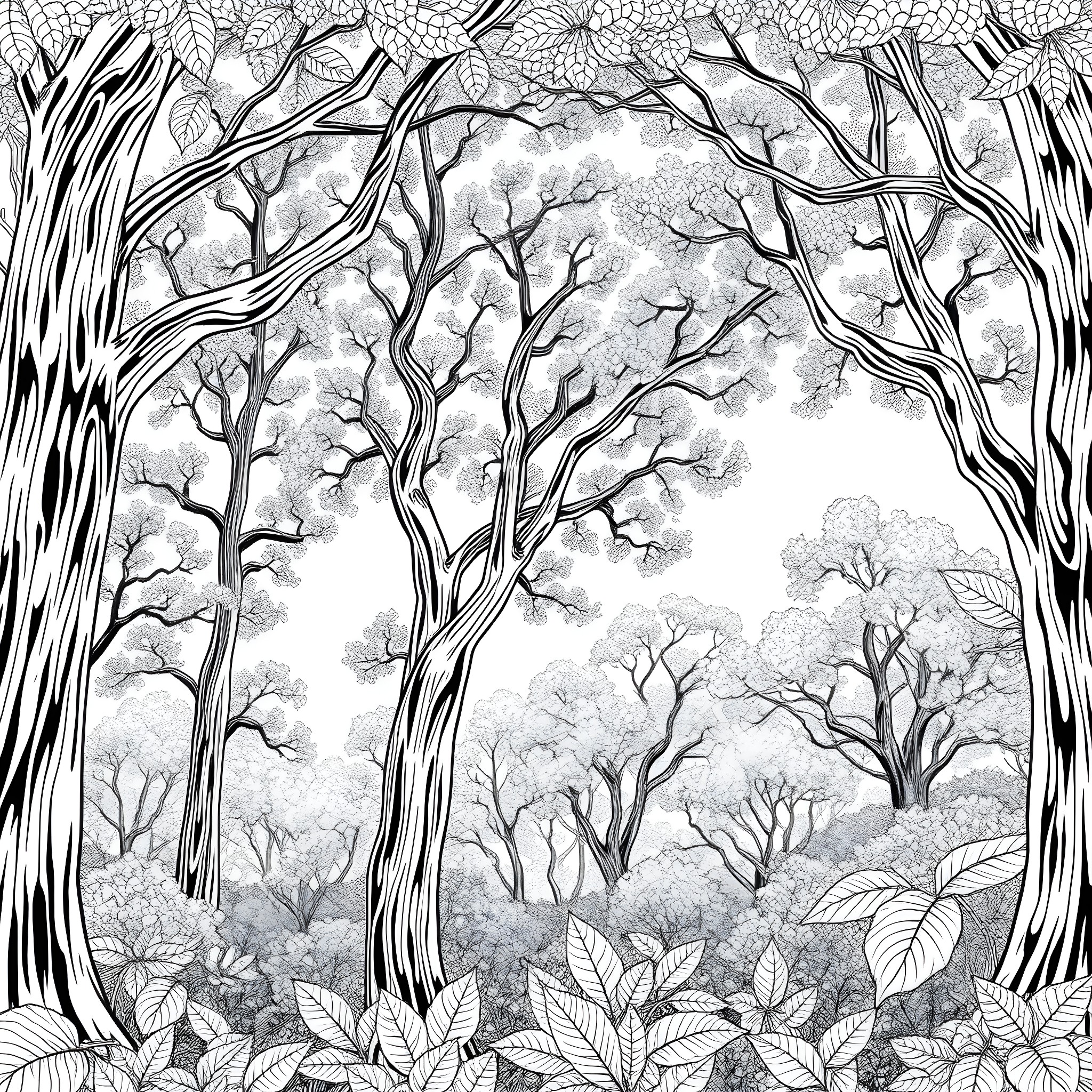 Tree Branches and Foliage in Intricate Monochrome Illustration Coloring Page (free black-and-white line drawing printable PDF for all, from beginners to advanced learners, including children, teens, adults, and seniors)