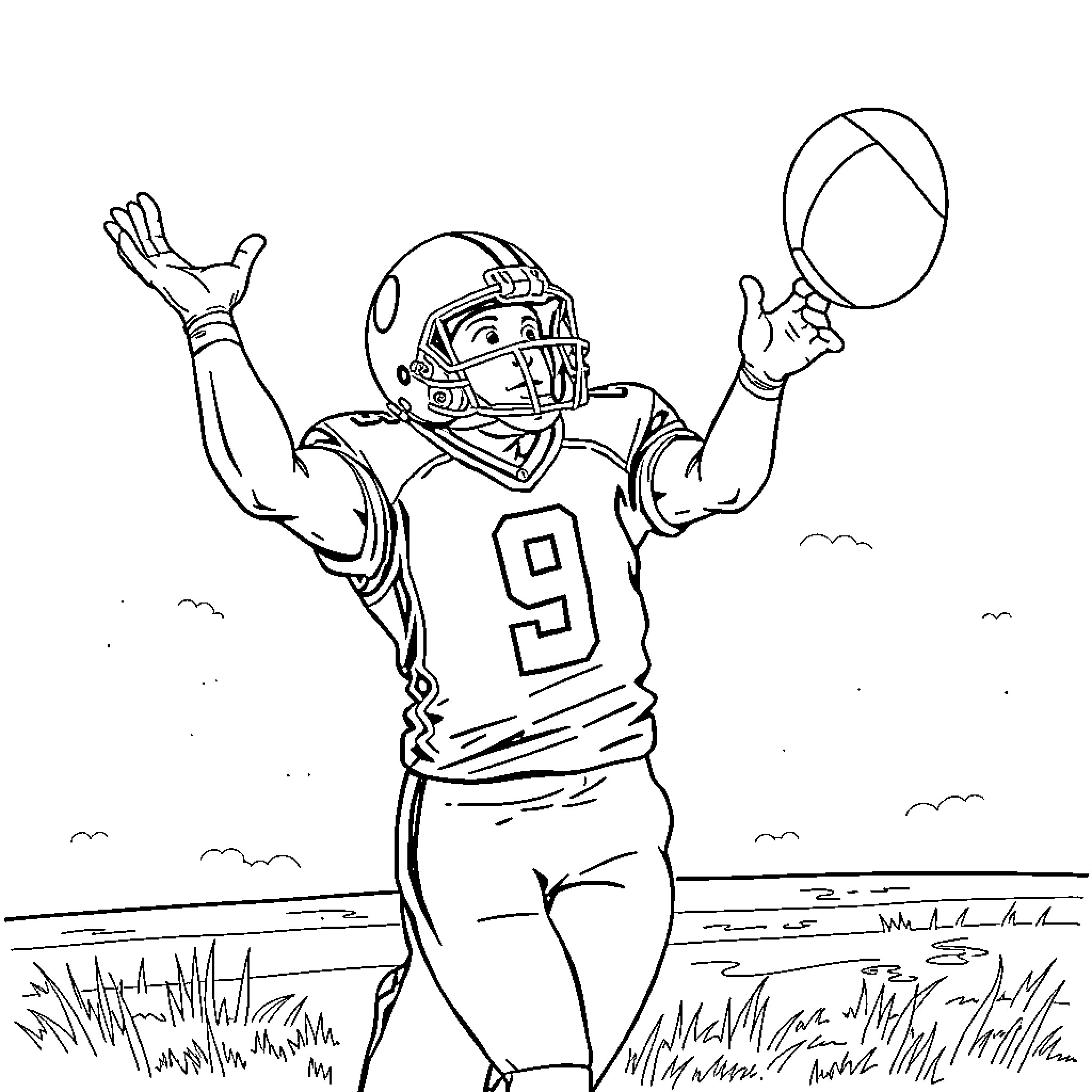 Football Player Celebrating Victory on the Field Coloring Page (free black-and-white line drawing printable PDF for all, from beginners to advanced learners, including children, teens, adults, and seniors)