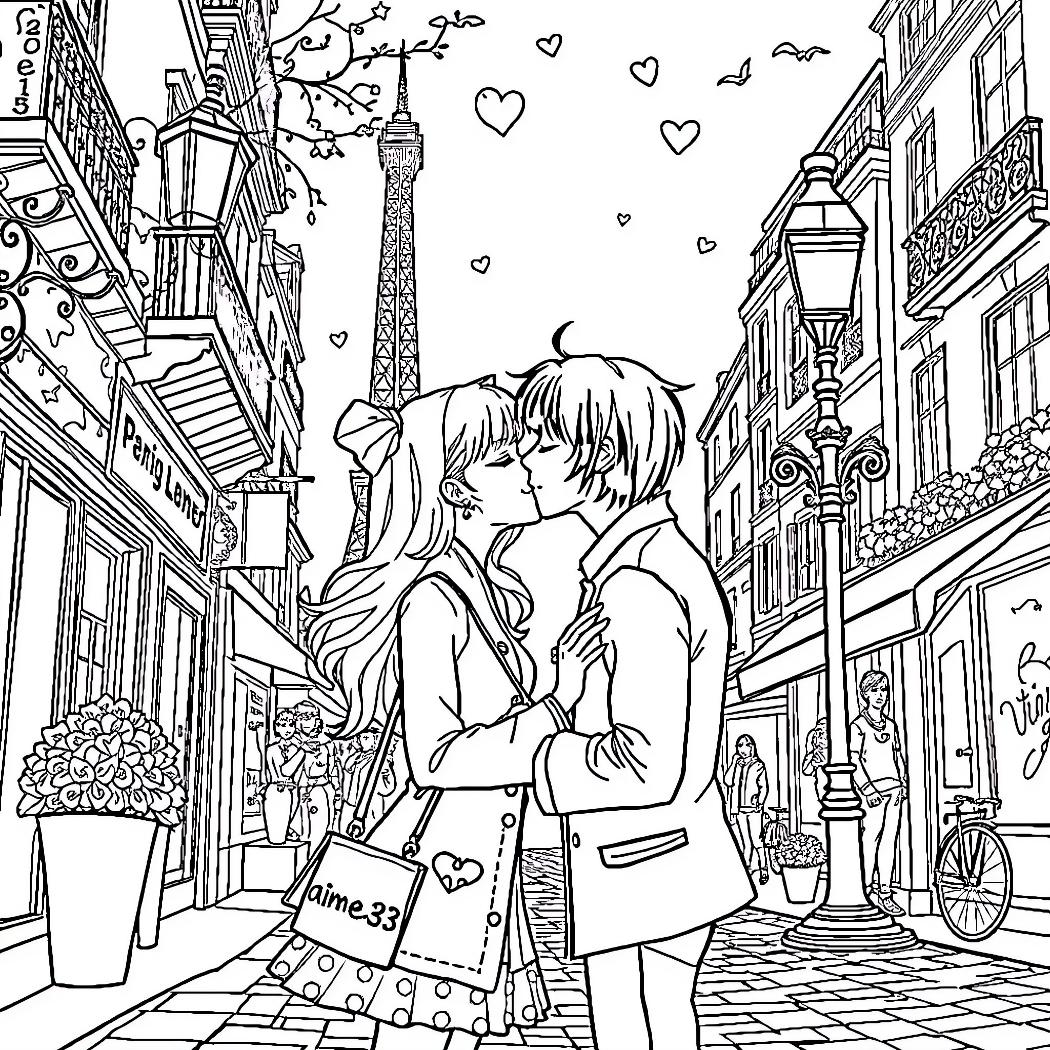 Aimep3 Couple Sharing a Romantic Moment in Paris Coloring Page (free black-and-white line drawing printable PDF for all, from beginners to advanced learners, including children, teens, adults, and seniors)