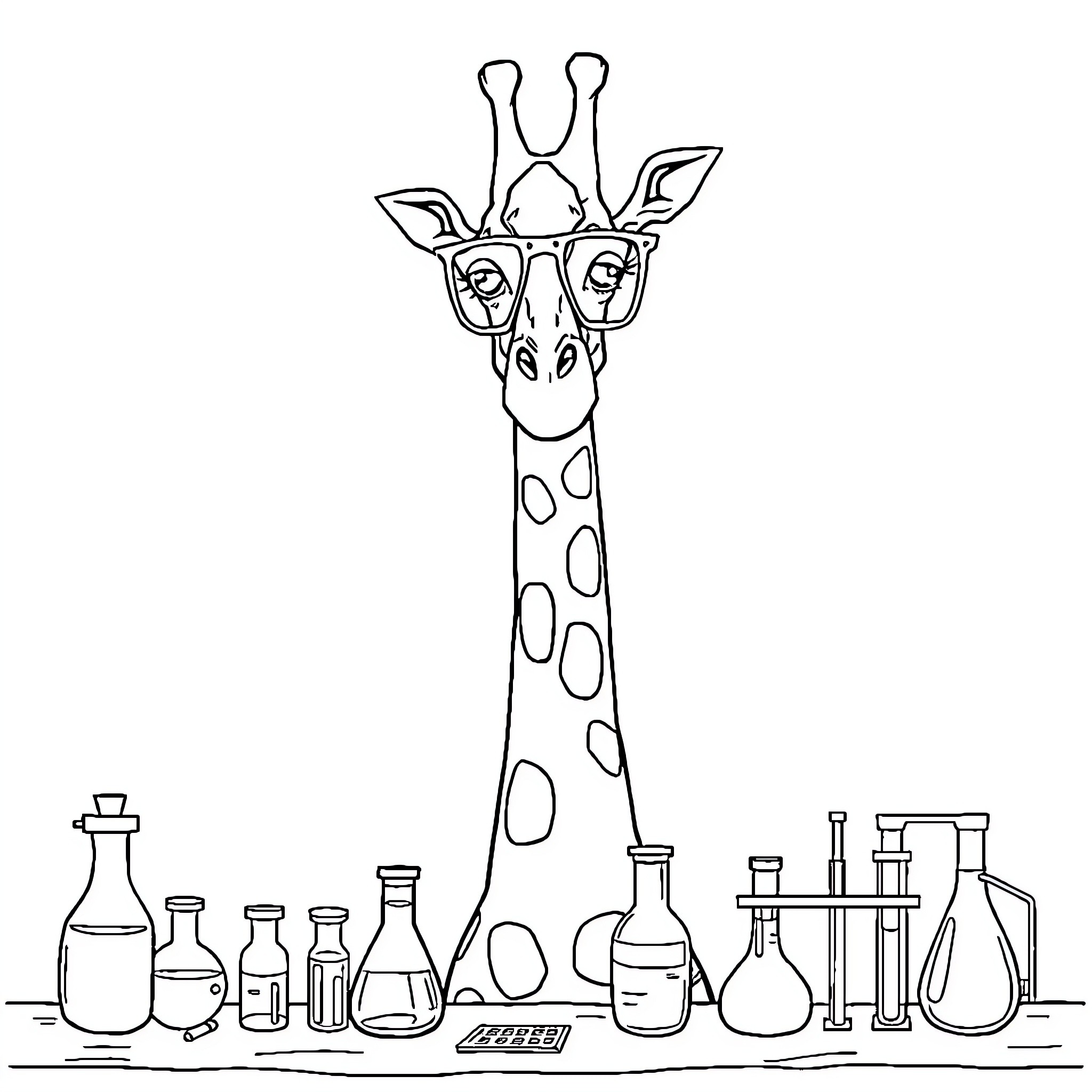 Giraffe wearing glasses in a scientific laboratory Coloring Page (free black-and-white line drawing printable PDF for all, from beginners to advanced learners, including children, teens, adults, and seniors)