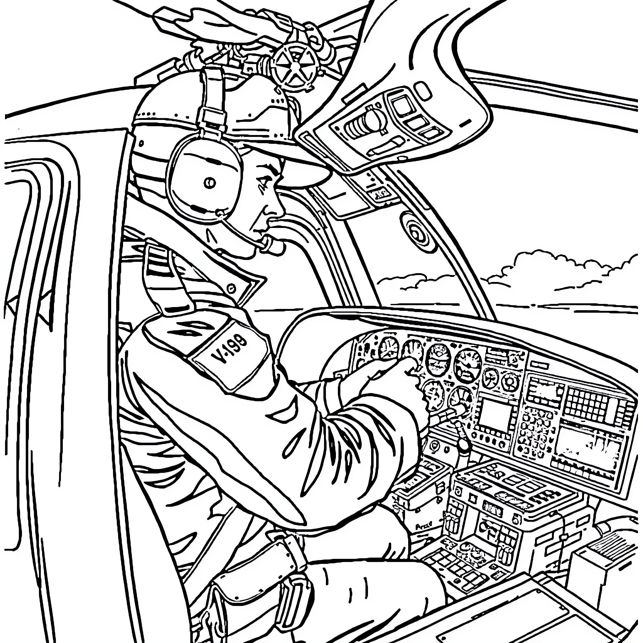 Flight Engineer Operating Complex Aircraft Controls Coloring Page (free black-and-white line drawing printable PDF for all, from beginners to advanced learners, including children, teens, adults, and seniors)