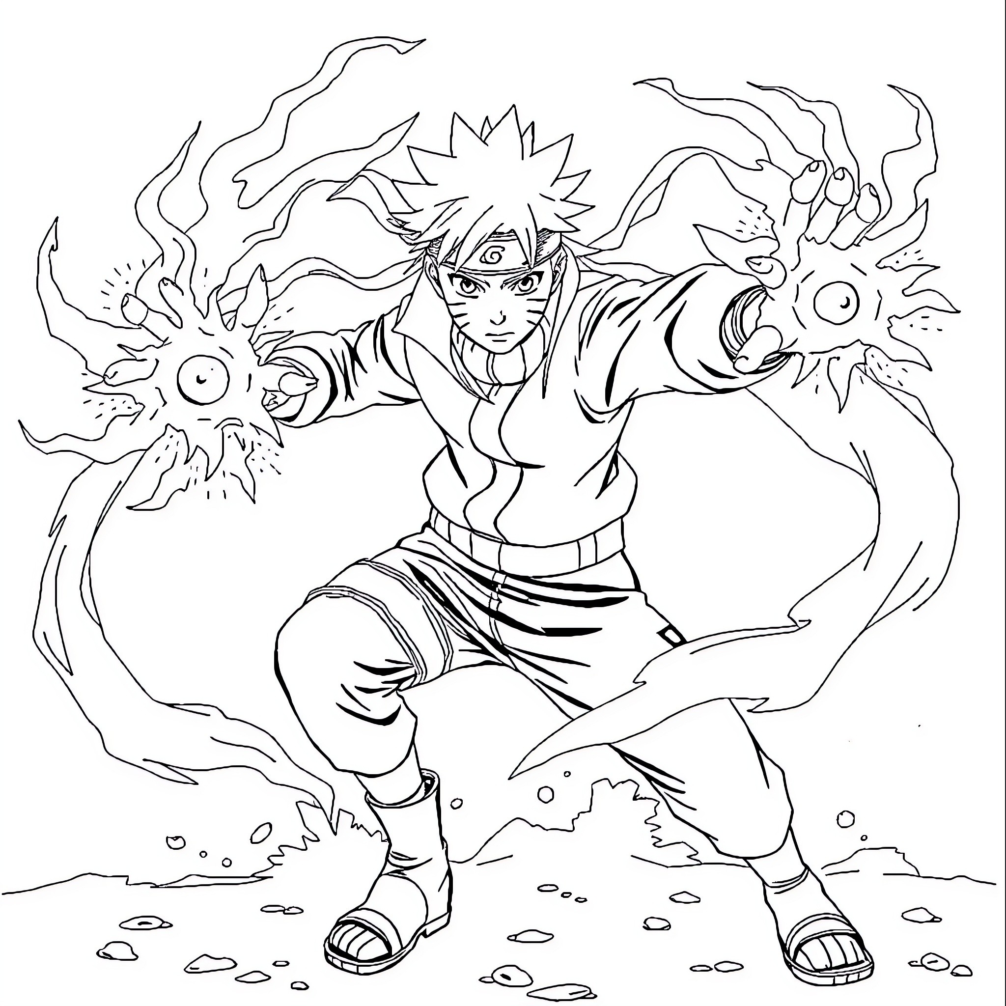Naruto unleashing powerful ninjutsu attack Coloring Page (free black-and-white line drawing printable PDF for all, from beginners to advanced learners, including children, teens, adults, and seniors)