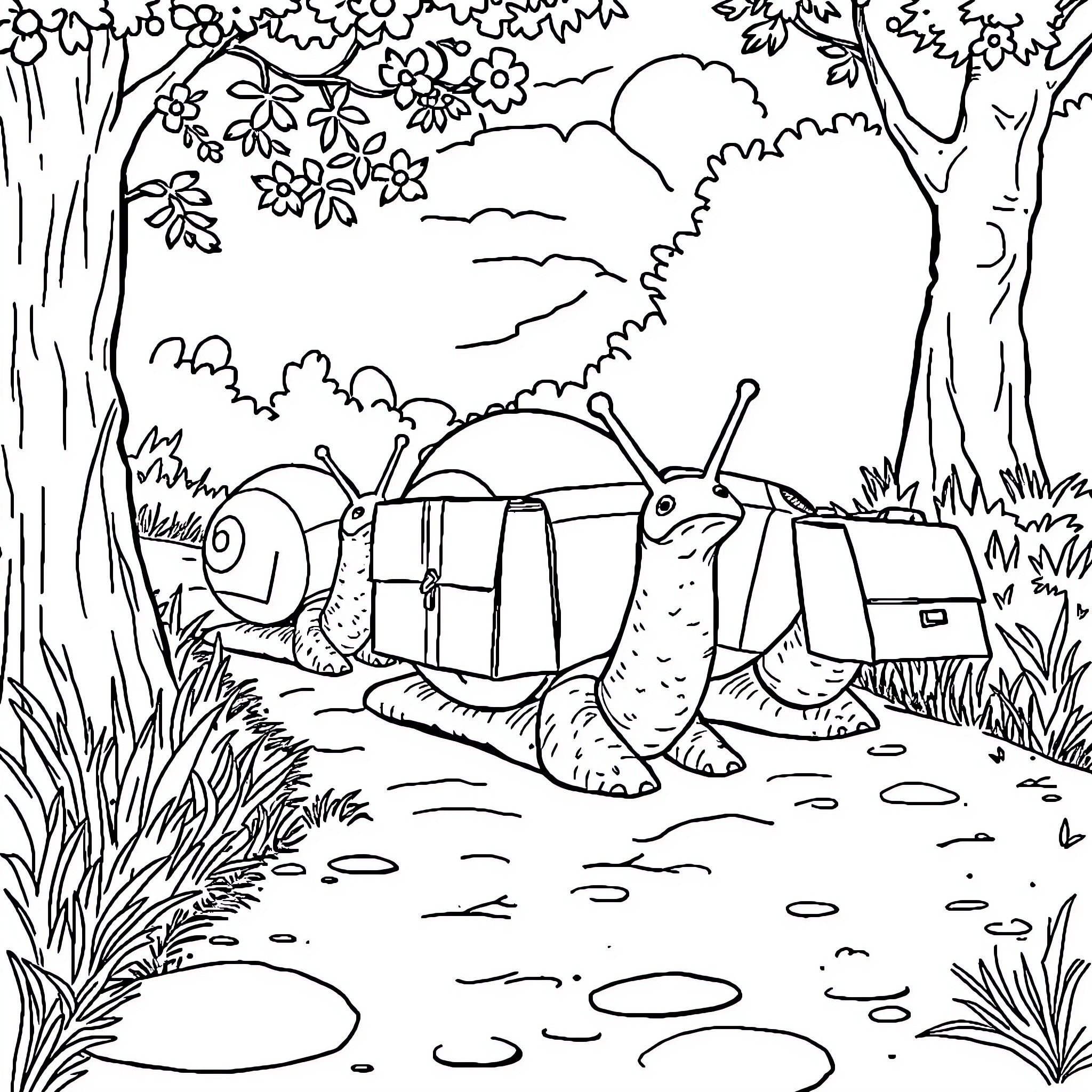 Snails traversing the enchanting forest Coloring Page (free black-and-white line drawing printable PDF for all, from beginners to advanced learners, including children, teens, adults, and seniors)