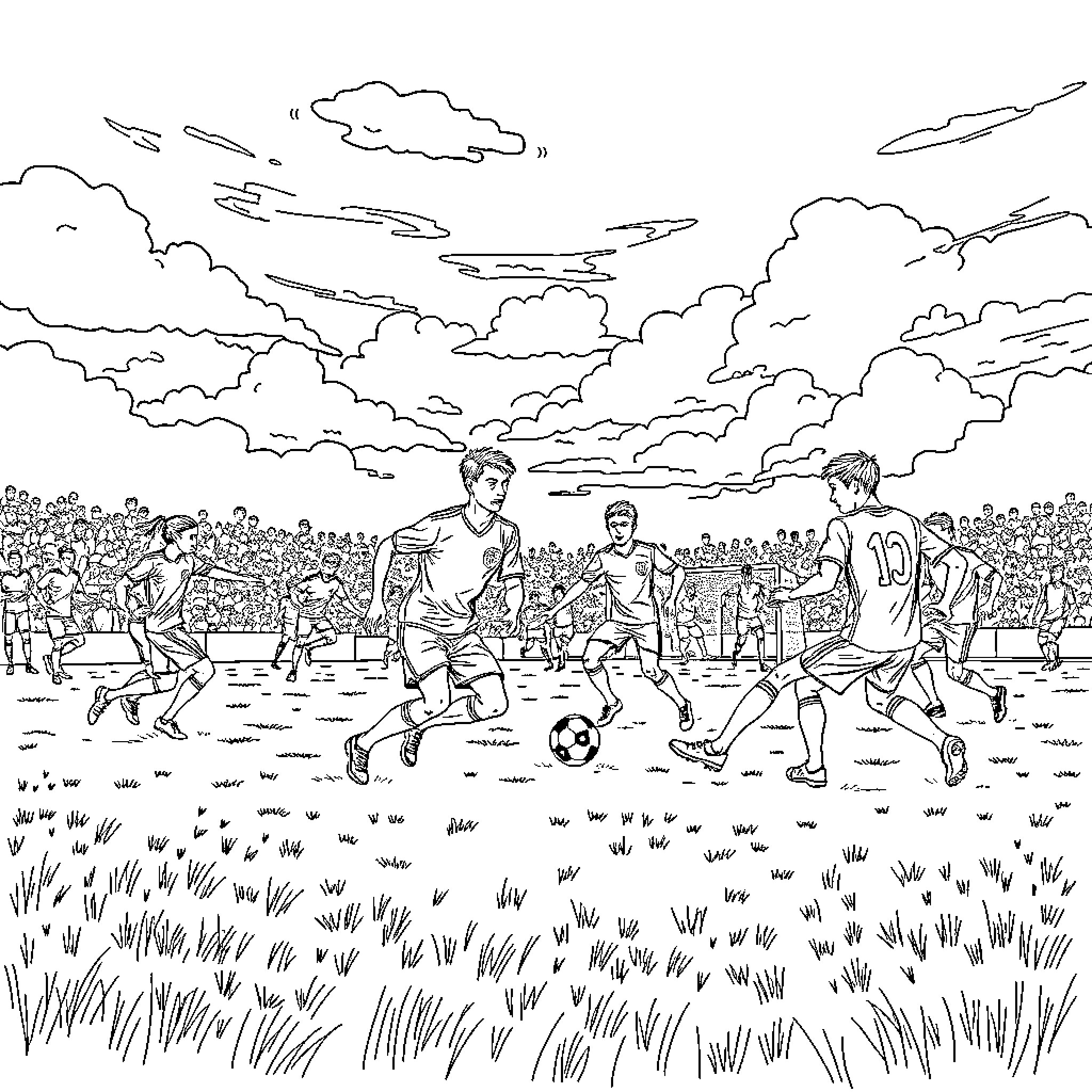 Soccer players competing on a field Coloring Page (free black-and-white line drawing printable PDF for all, from beginners to advanced learners, including children, teens, adults, and seniors)