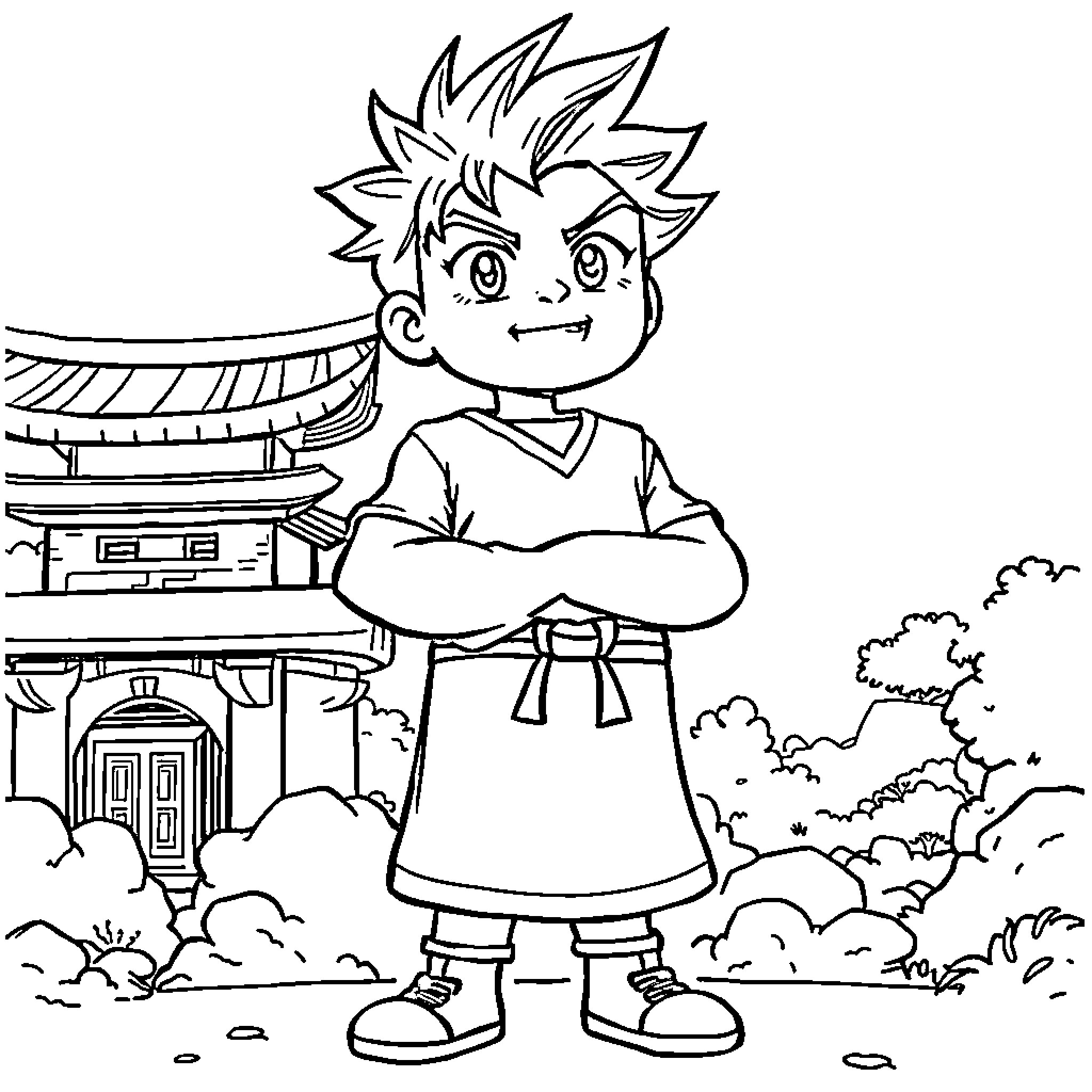 YUJI's Adventurous Outing in the Anime World Coloring Page (free black-and-white line drawing printable PDF for all, from beginners to advanced learners, including children, teens, adults, and seniors)