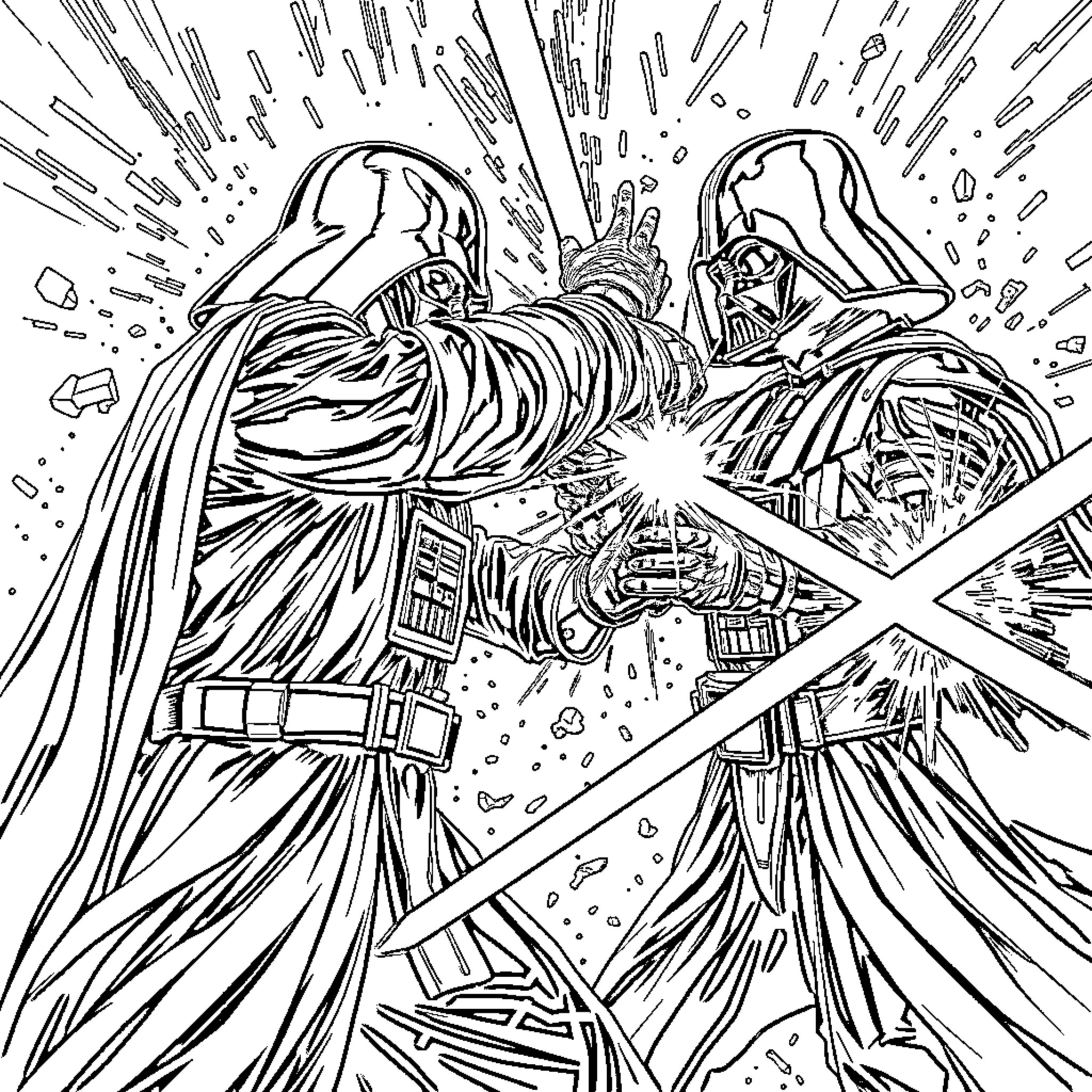 Gojo Darth Vader's Lightsaber Battle Coloring Page (free black-and-white line drawing printable PDF for all, from beginners to advanced learners, including children, teens, adults, and seniors)