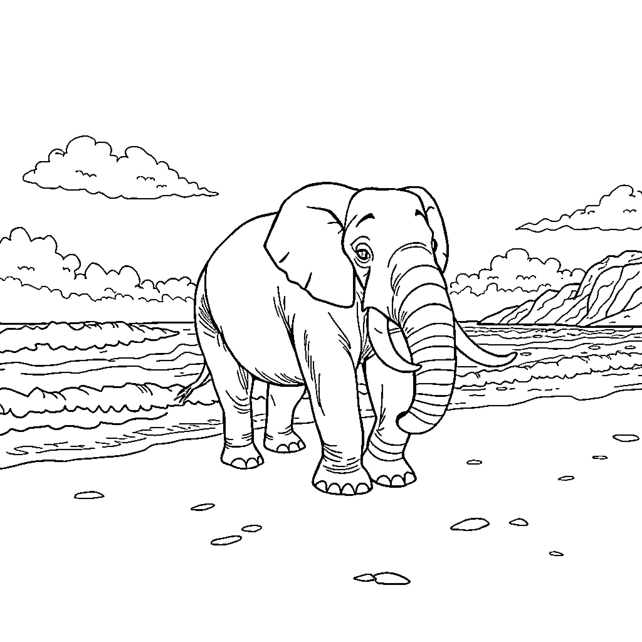 Elephant standing on the beach Coloring Page (free black-and-white line drawing printable PDF for all, from beginners to advanced learners, including children, teens, adults, and seniors)