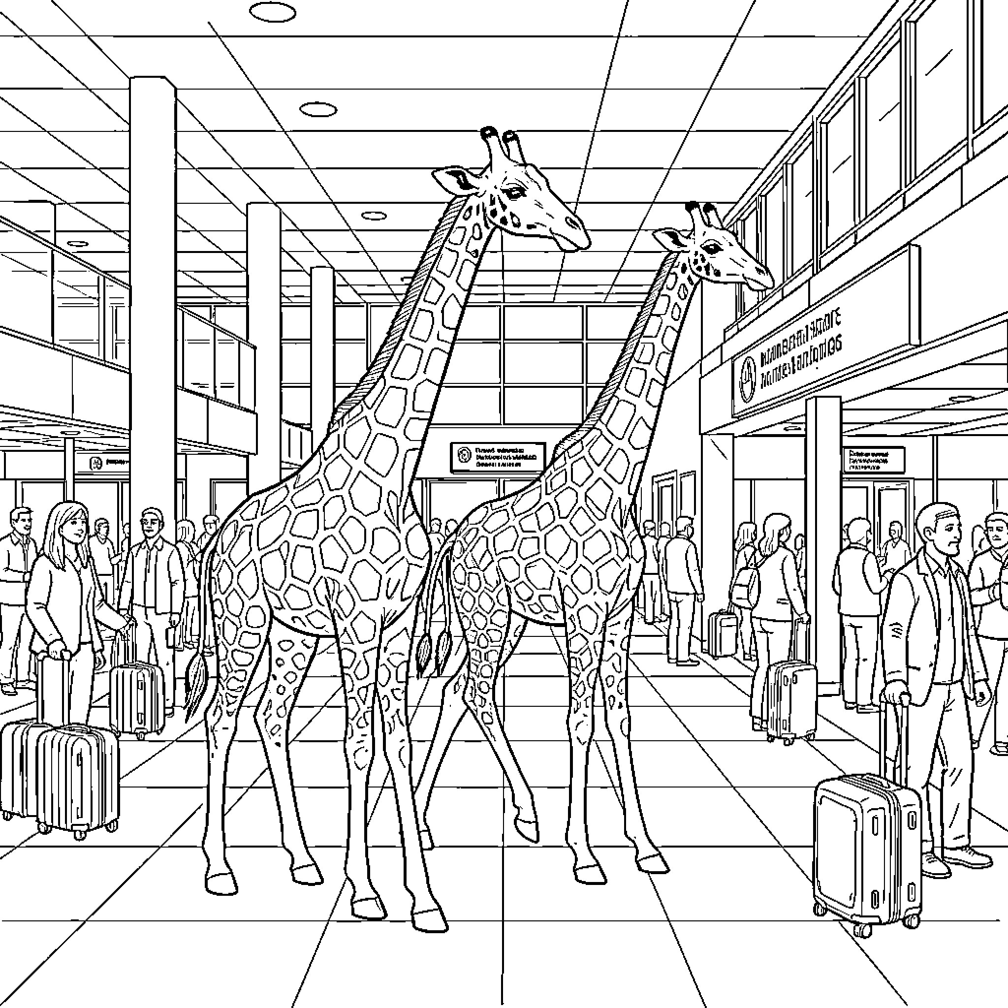 Giraffes walking through a busy airport terminal Coloring Page (free black-and-white line drawing printable PDF for all, from beginners to advanced learners, including children, teens, adults, and seniors)